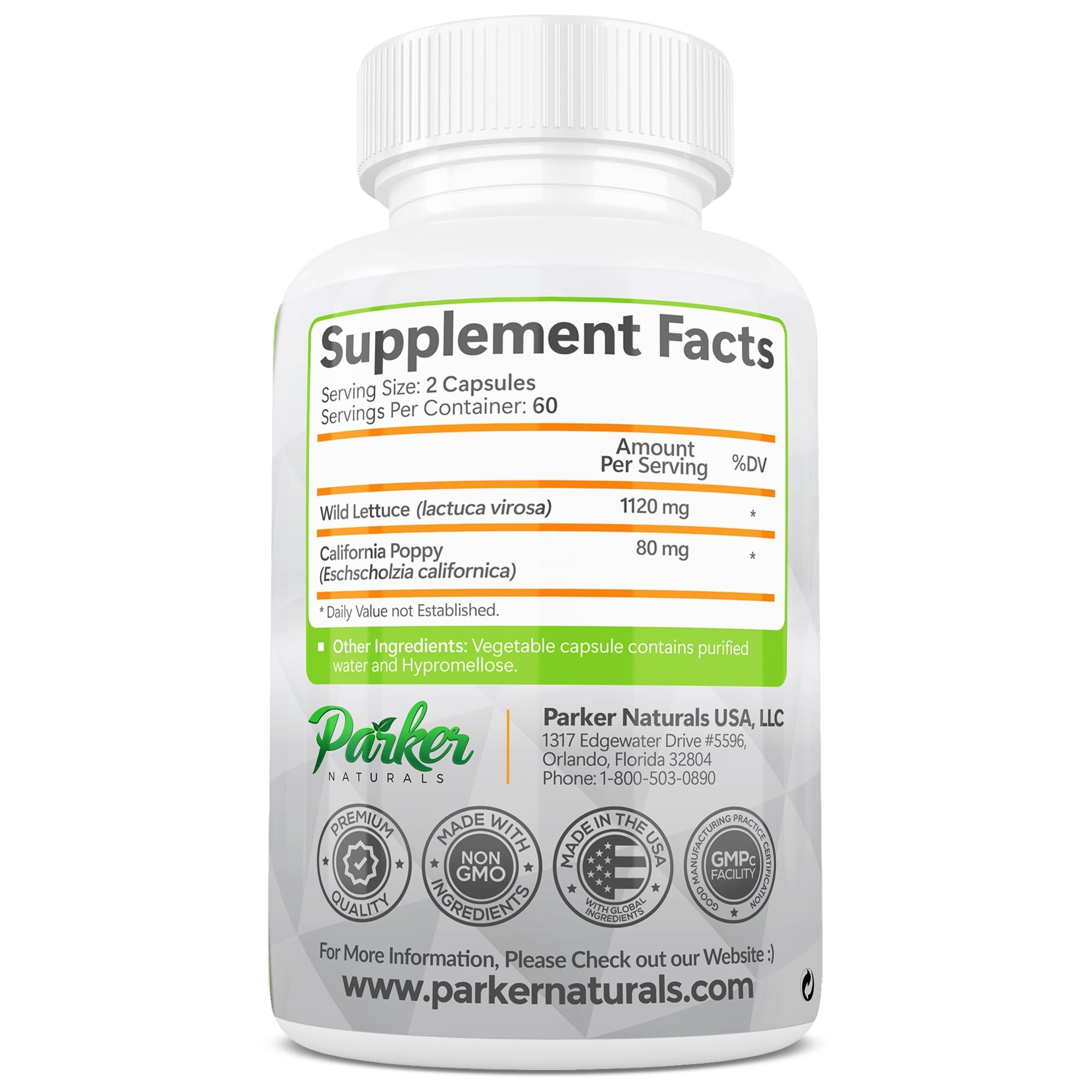 Parker Naturals Wild Lettuce & California Poppy Seed Capsules packaging details