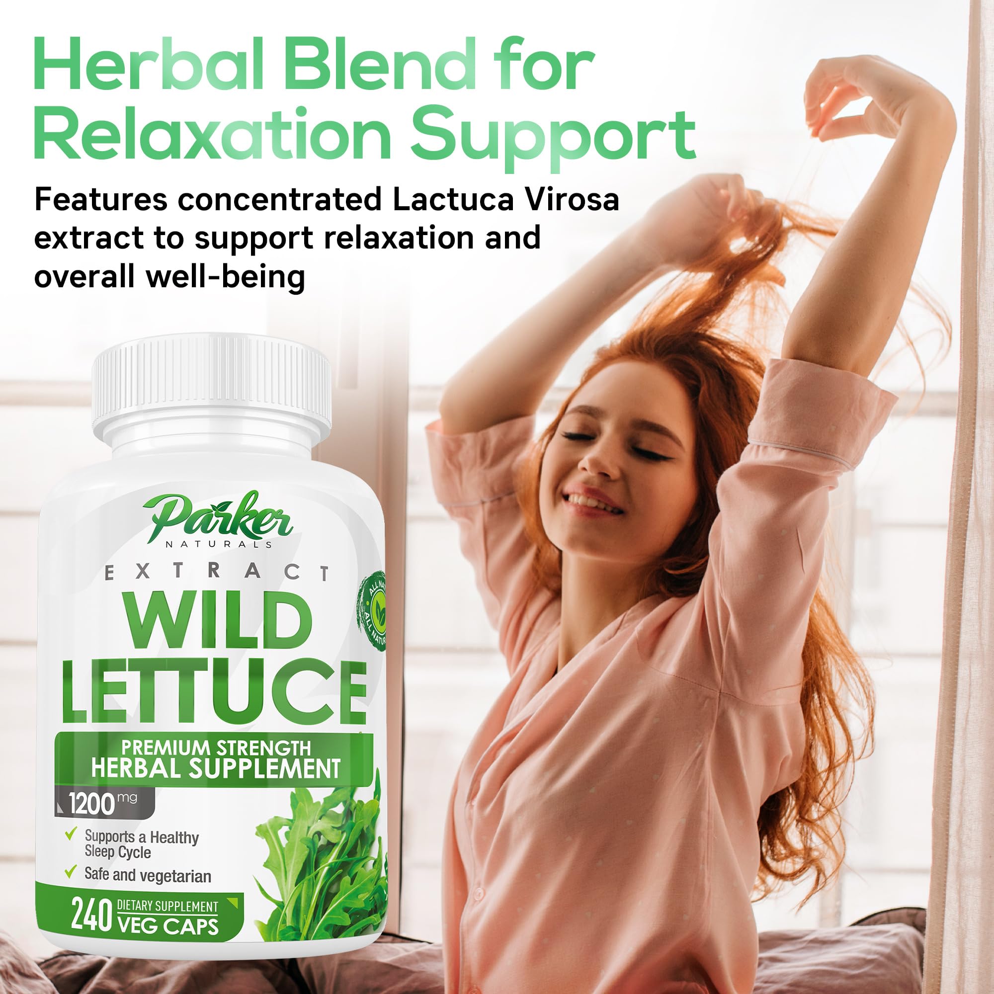 Parker Naturals Wild Lettuce Capsules 1200mg capsules on a wooden surface