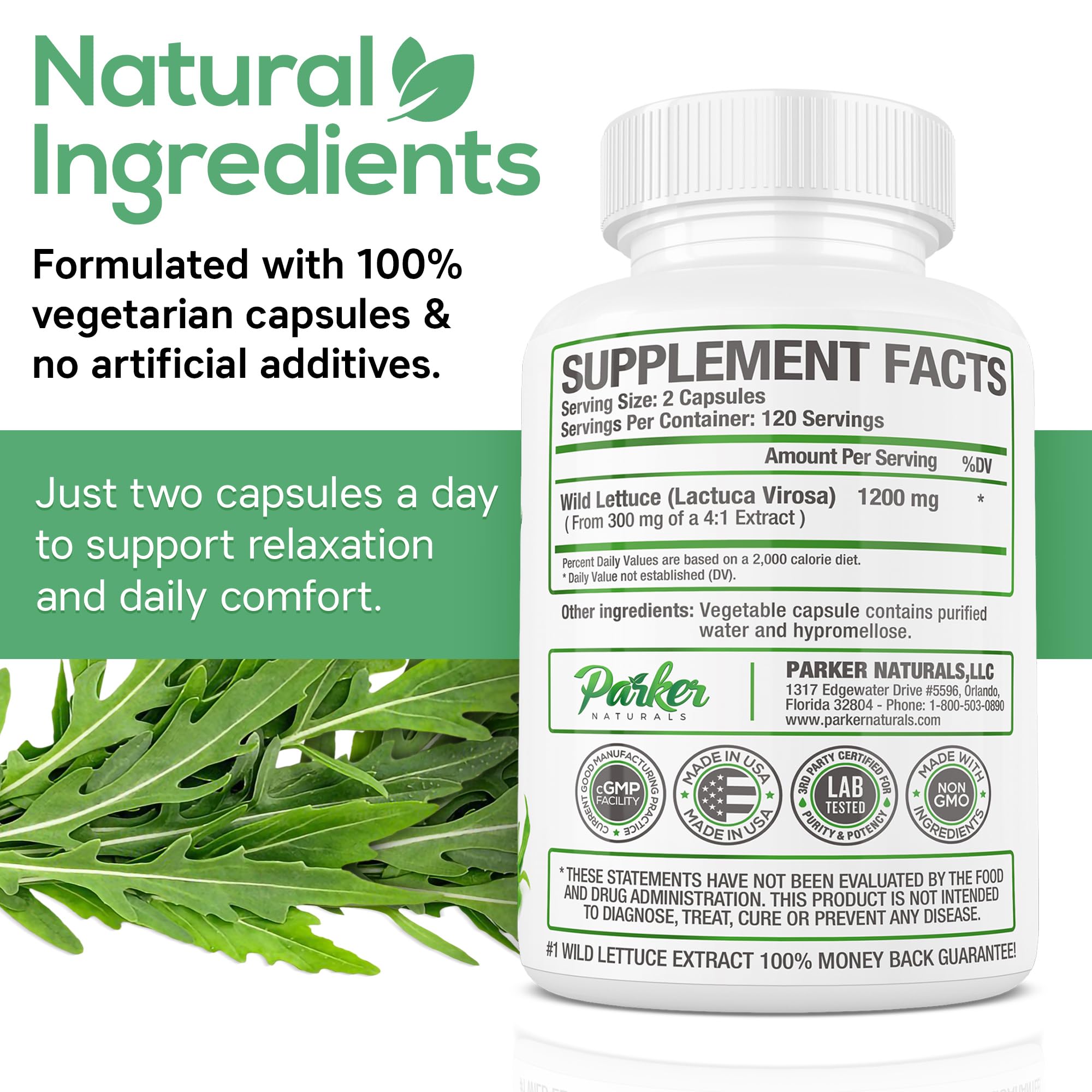 Parker Naturals Wild Lettuce Capsules 1200mg with measuring spoon