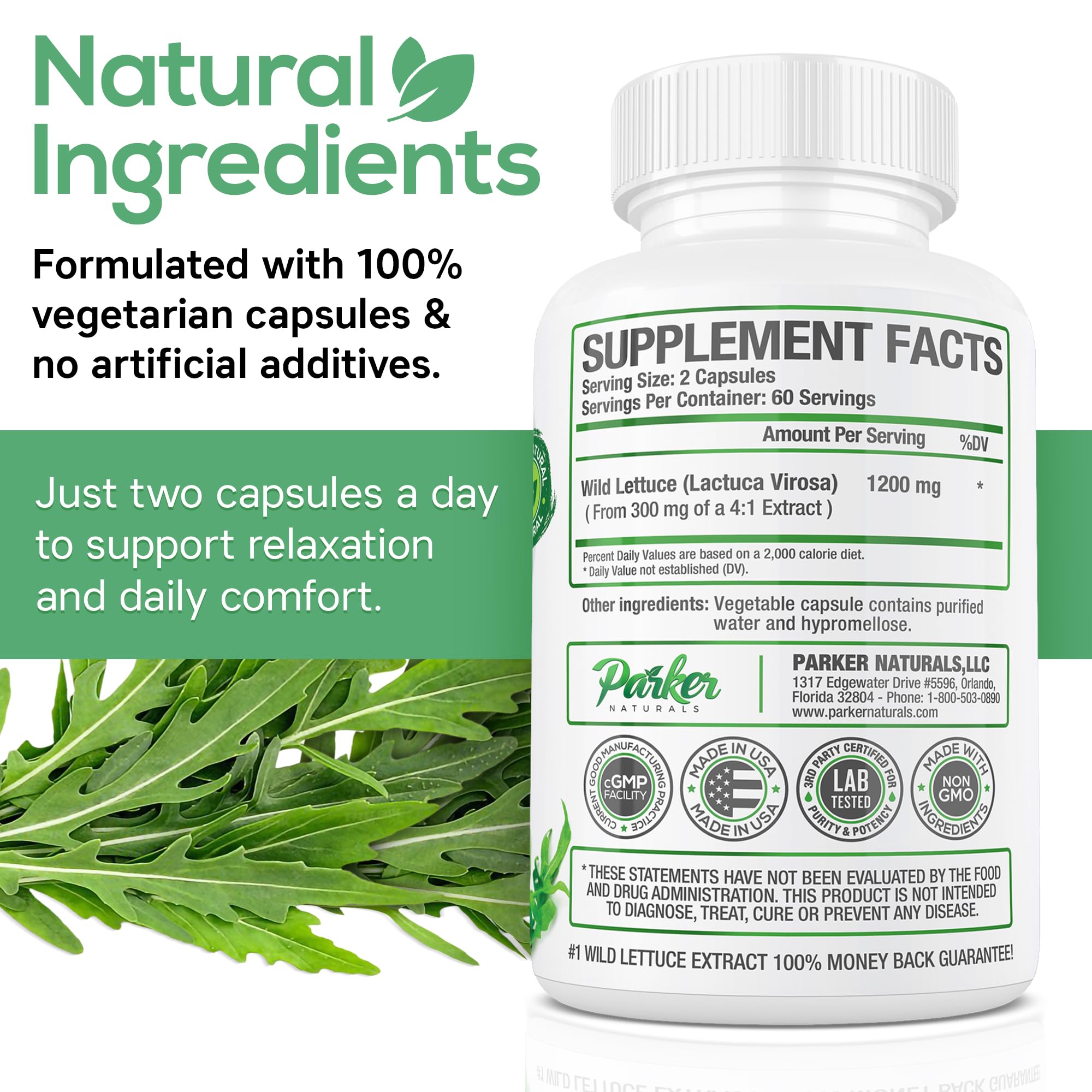 Parker Naturals Wild Lettuce Extract 1200mg capsules with measuring spoon