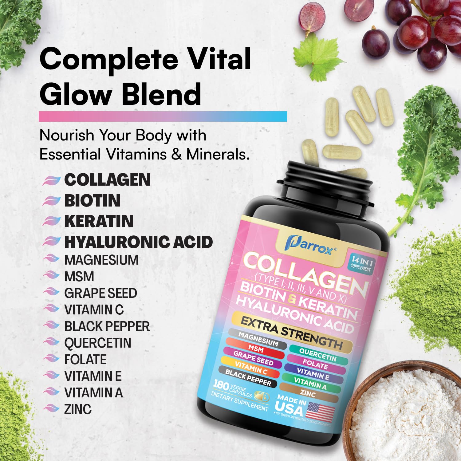 Parrox Collagen 14-in-1 Capsules in a lifestyle setting