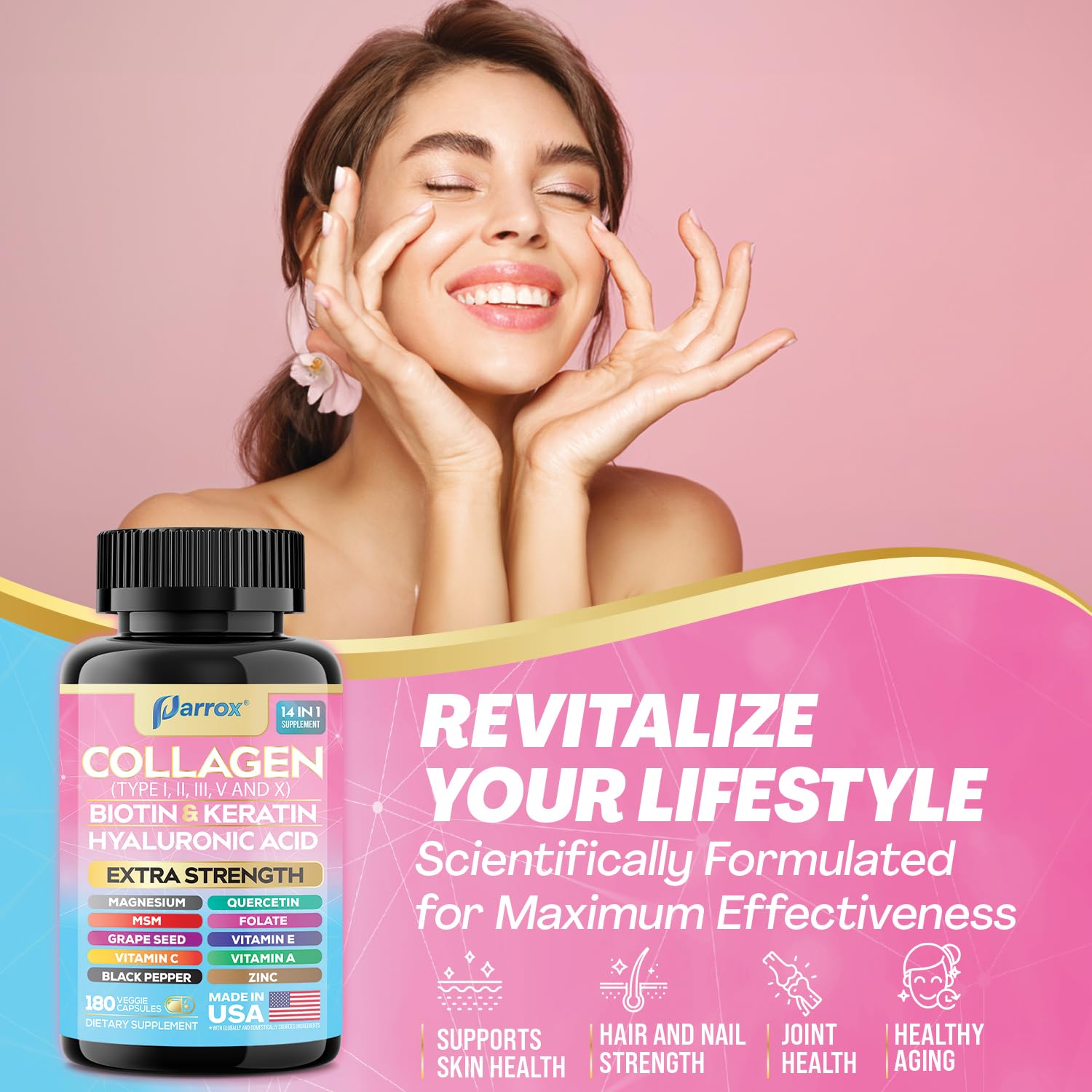 Parrox Collagen 14-in-1 Capsules with a measuring spoon