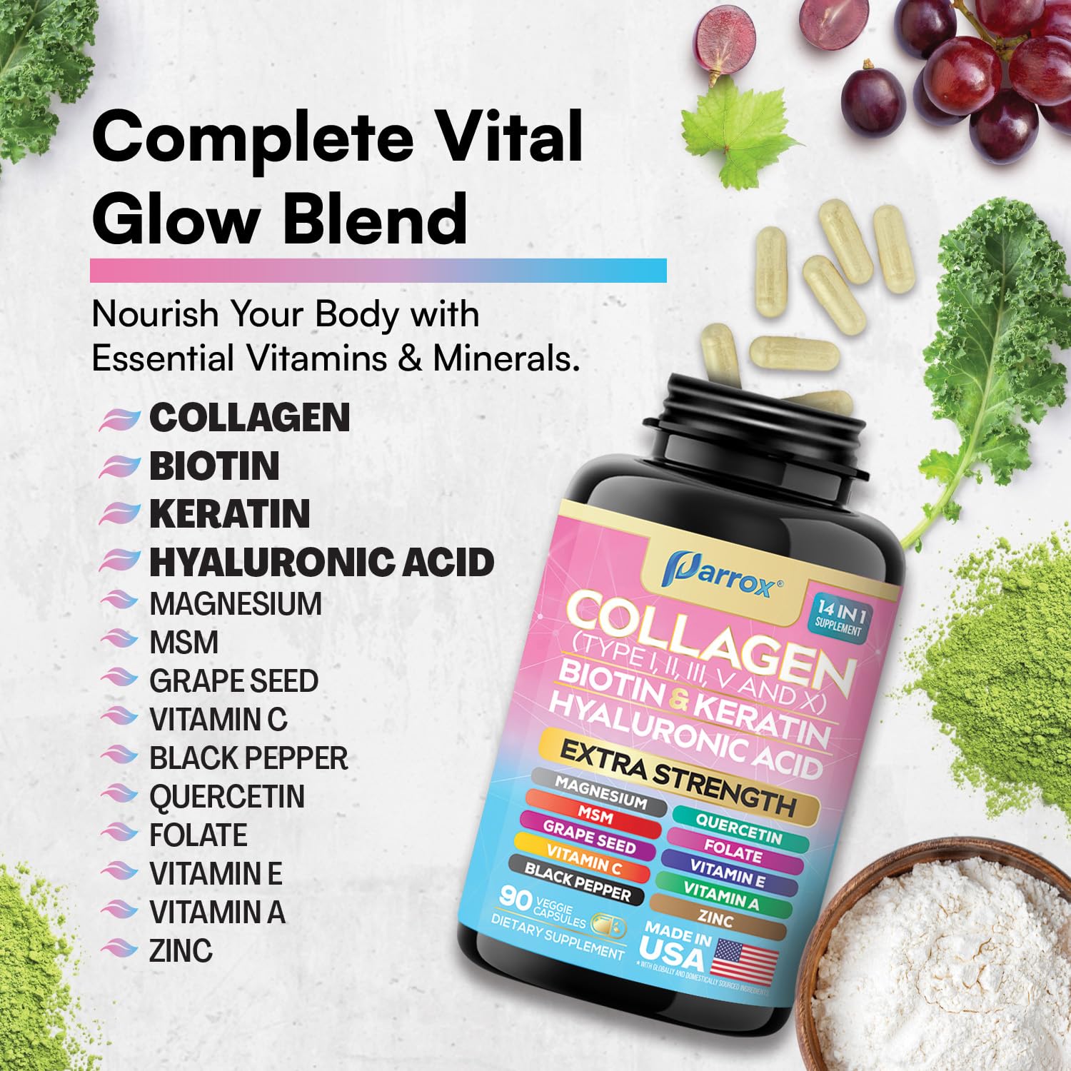 Parrox Collagen Capsules with a soft background