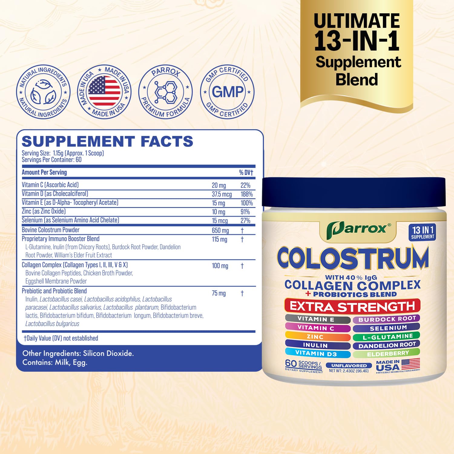 Parrox Colostrum Powder 69g container side view