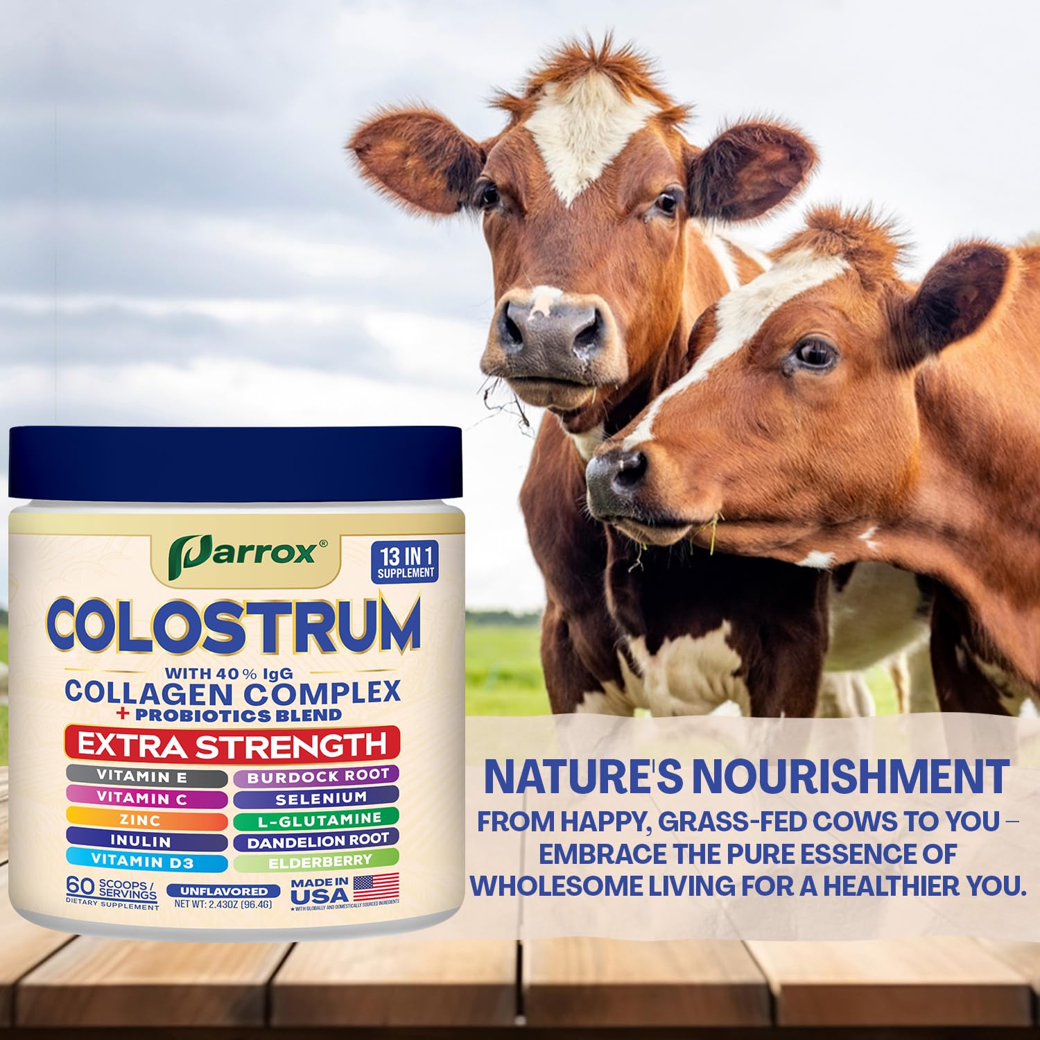 Parrox Colostrum Powder packaging on a kitchen counter