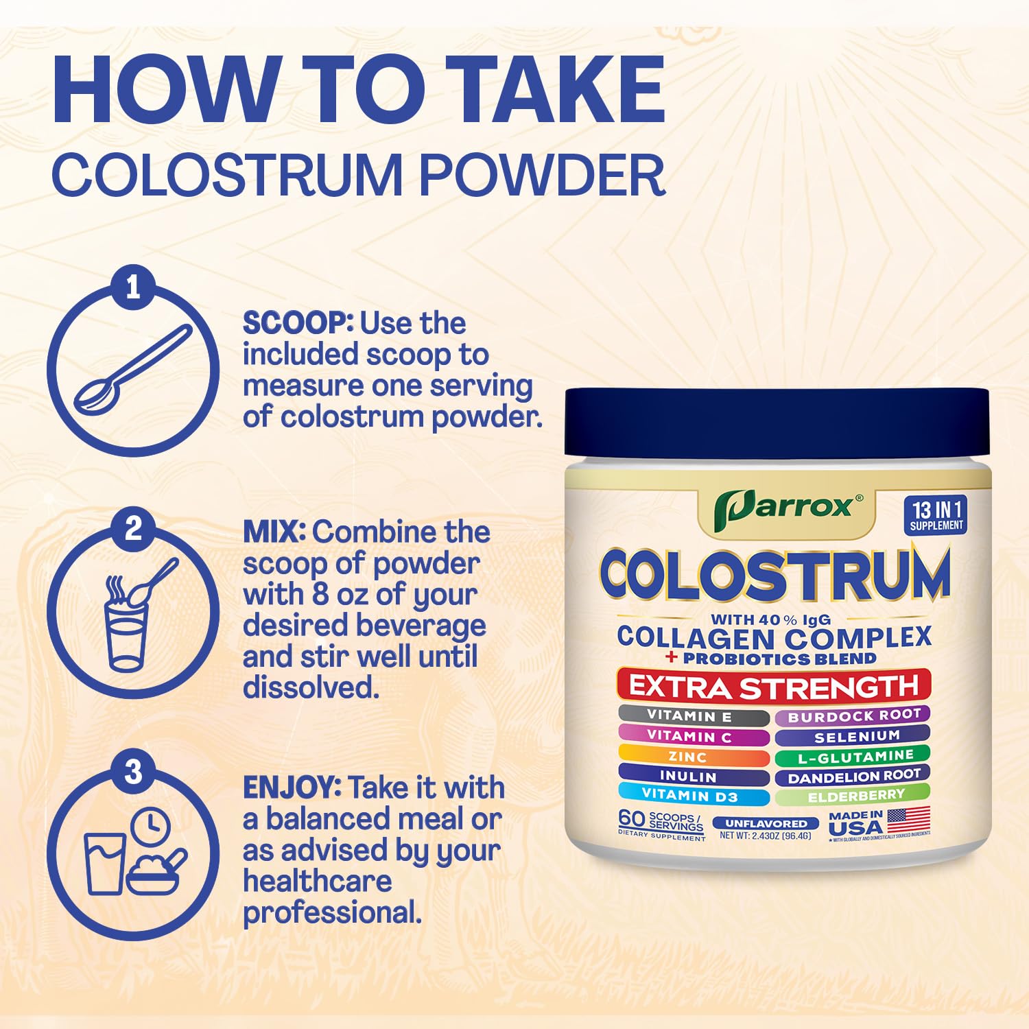 Parrox Colostrum Powder with fresh fruits and vegetables