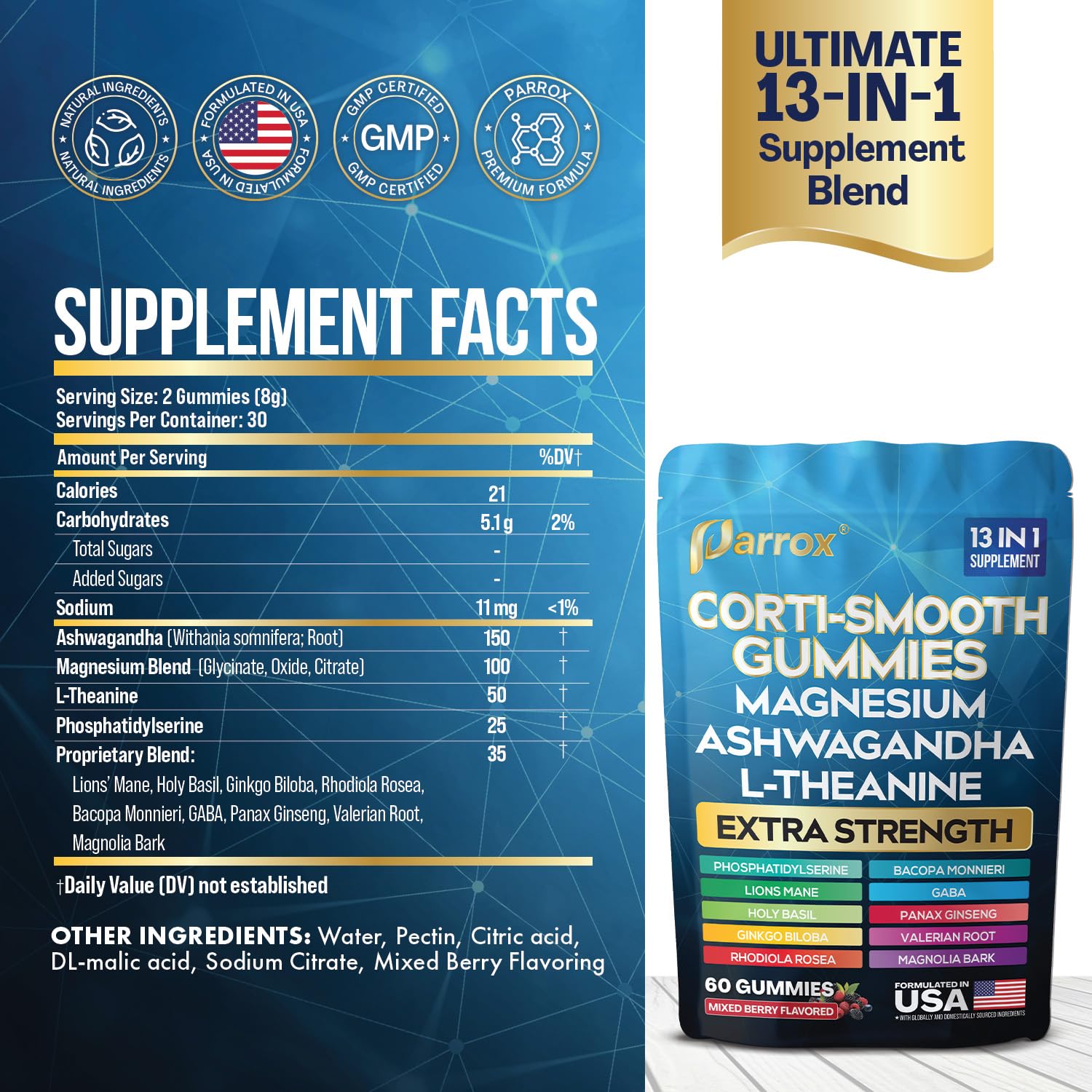 Parrox Corti-Smooth Gummies packaging showing ingredients