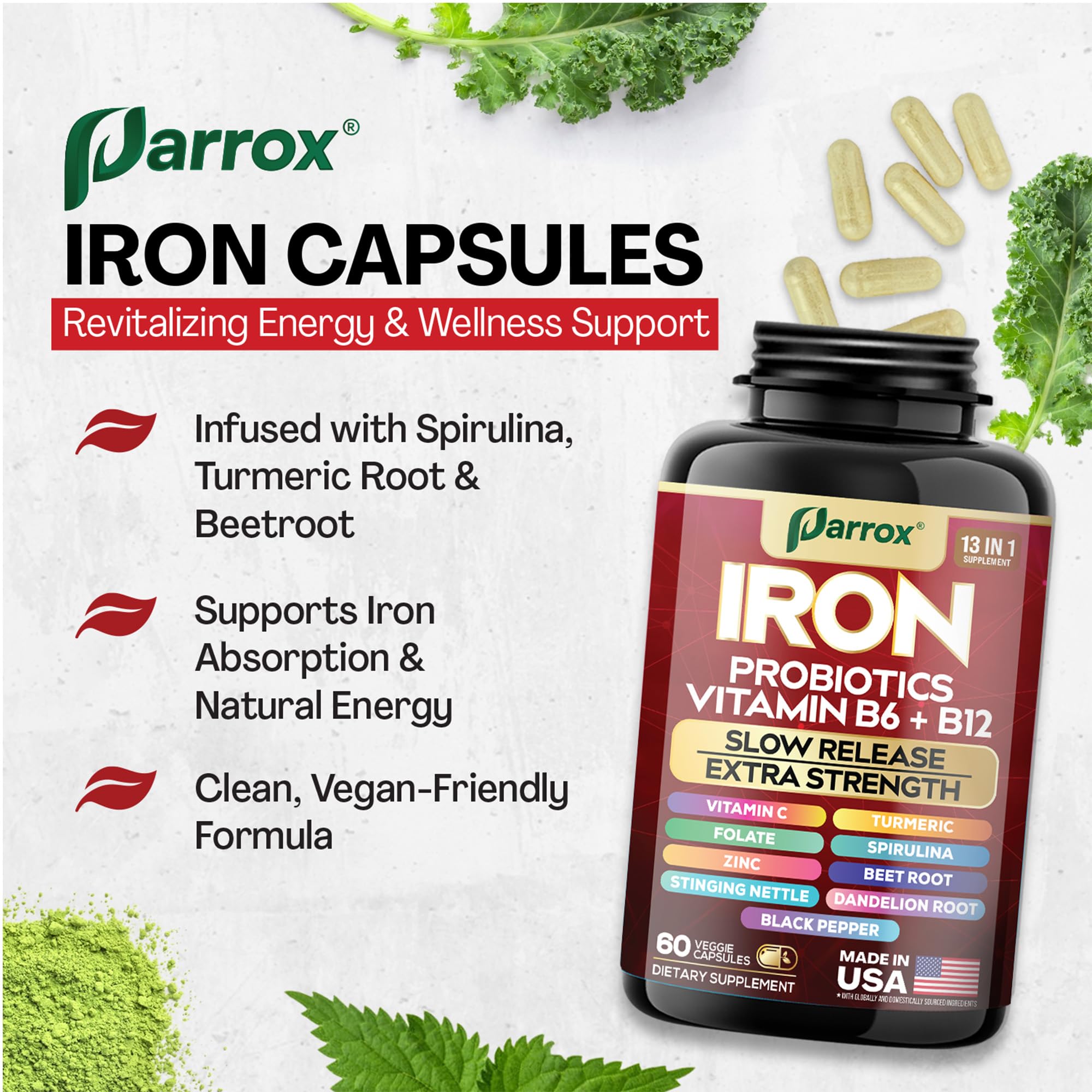 Parrox Elemental Iron capsules in hand