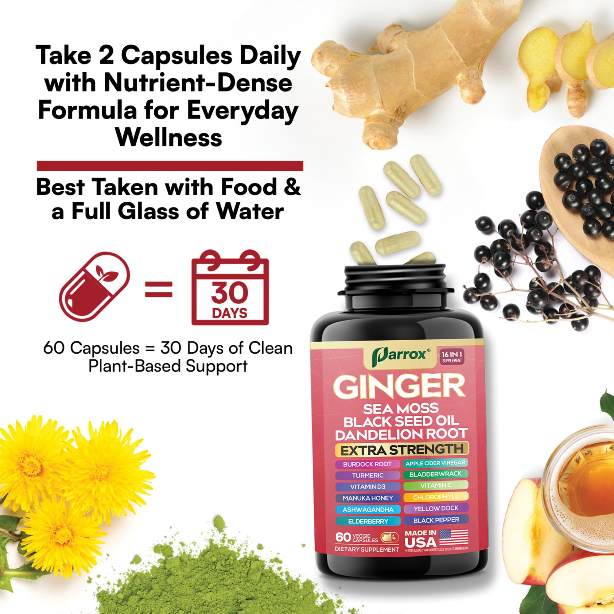Parrox Ginger 16-in-1 Formula capsules in a clear glass
