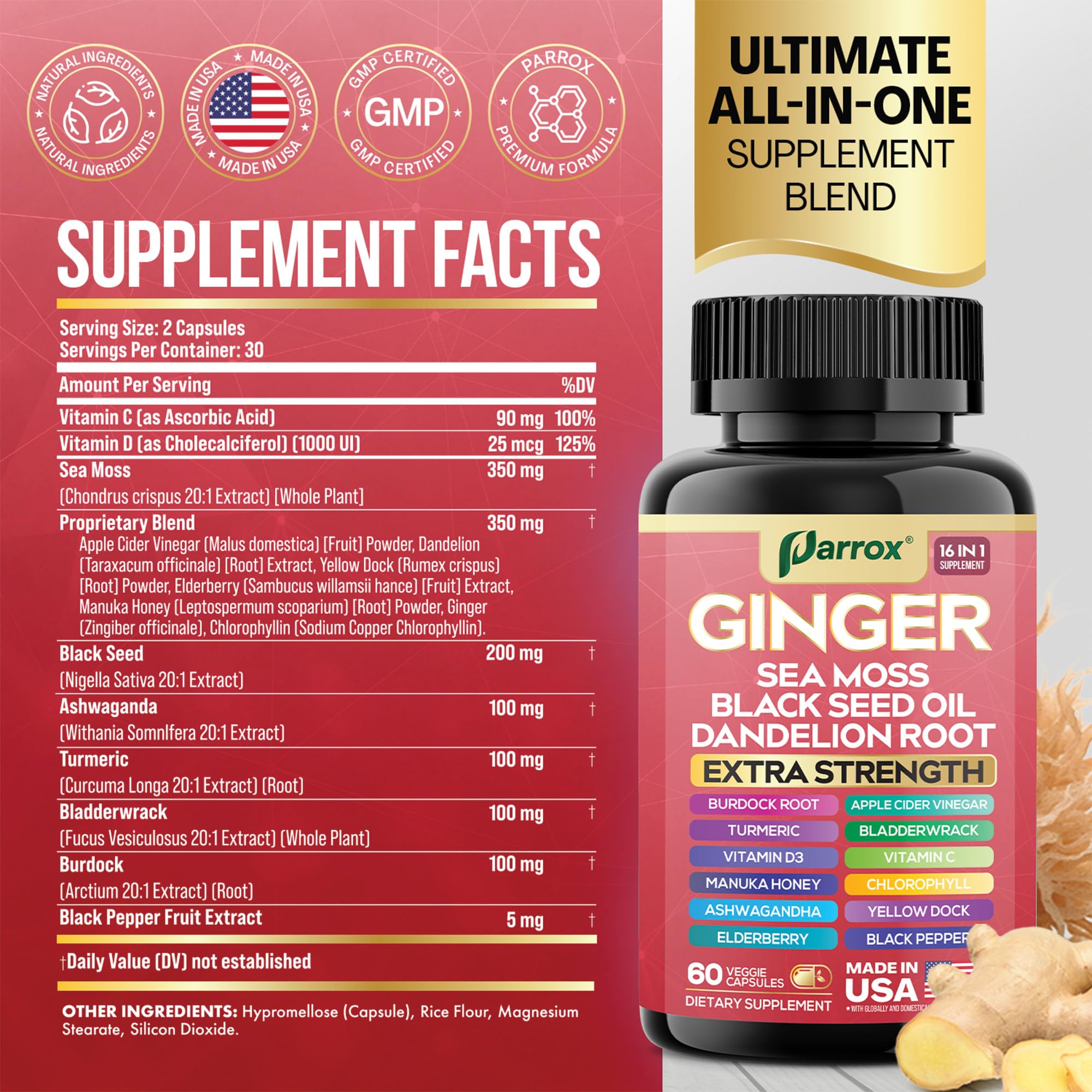 Parrox Ginger 16-in-1 Formula capsules in a hand