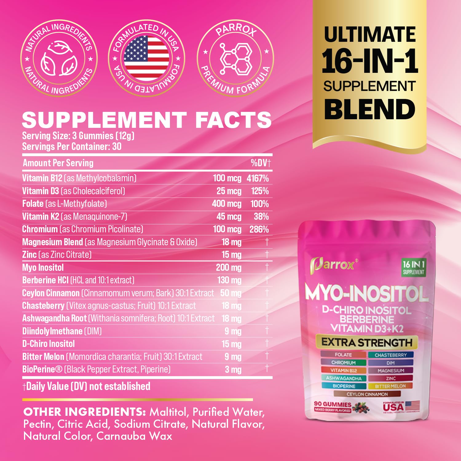 Parrox Myo Inositol Gummies side view showing ingredients