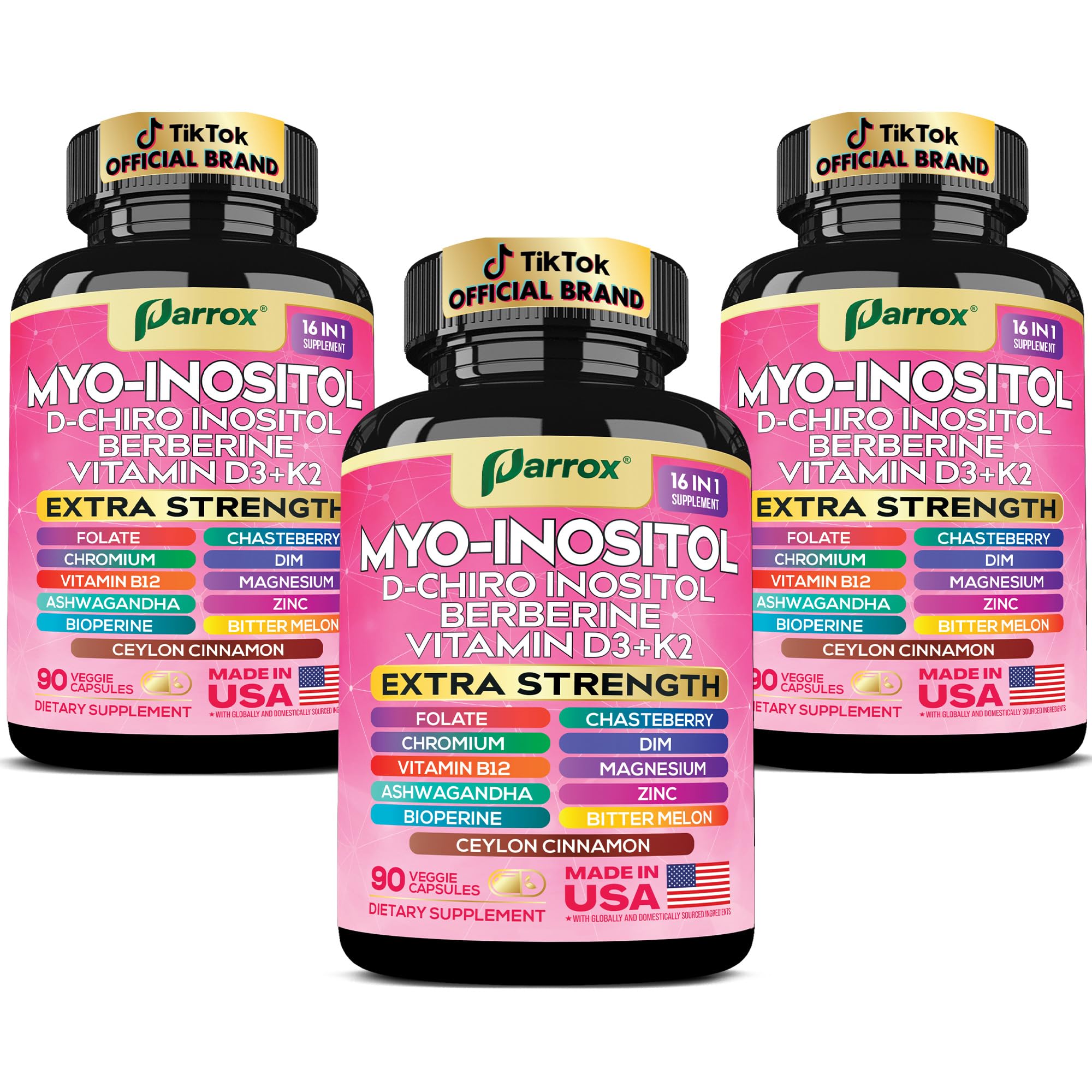 Parrox Myo Inositol Supplement bottle front view with 90 vegan capsules