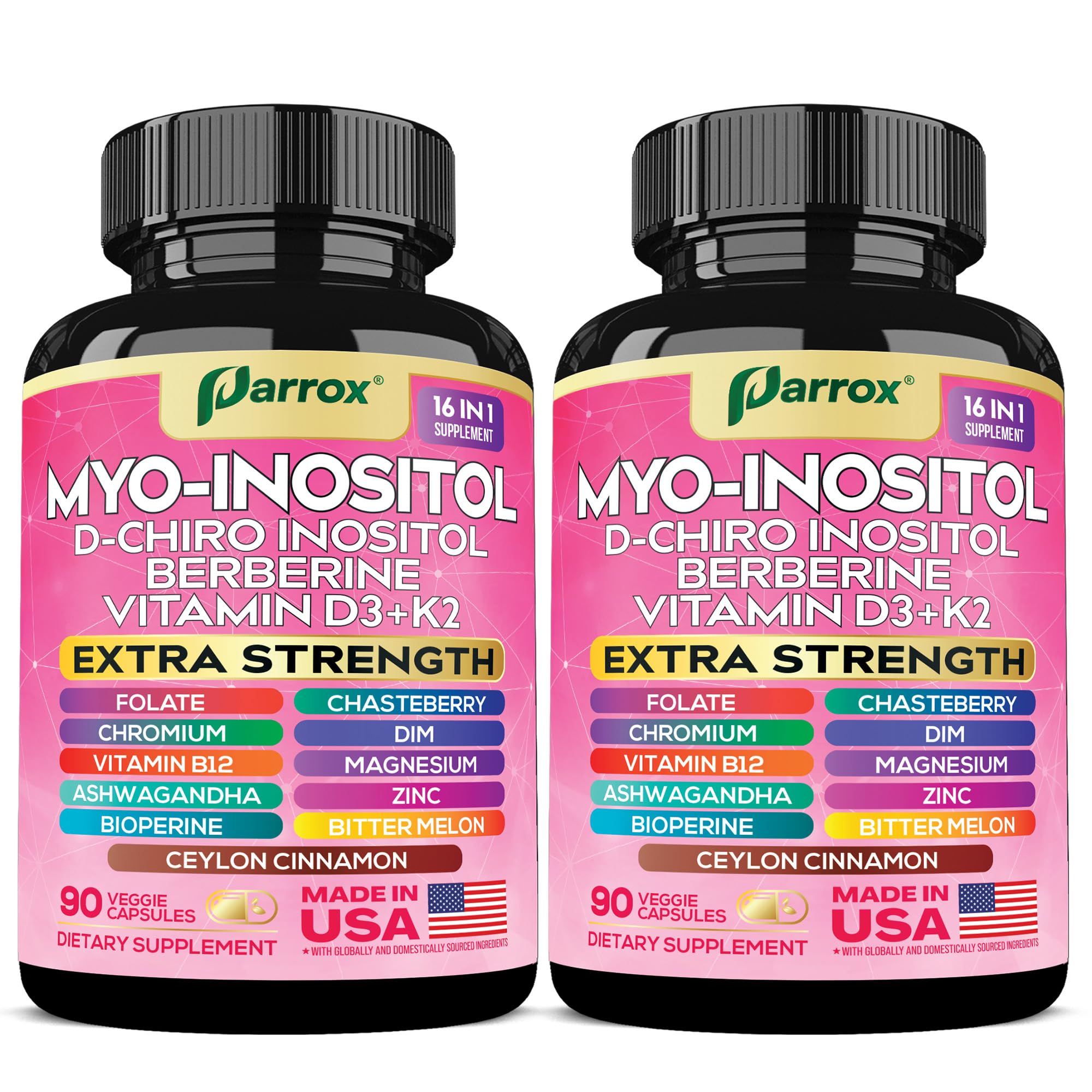 Parrox Myo-Inositol Supplement bottle front view with 90 vegan capsules