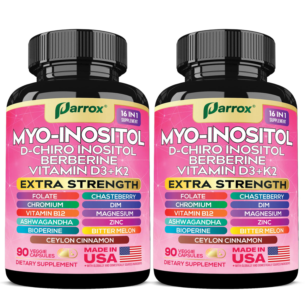 Parrox Myo-Inositol Supplement bottle front view with 90 vegan capsules