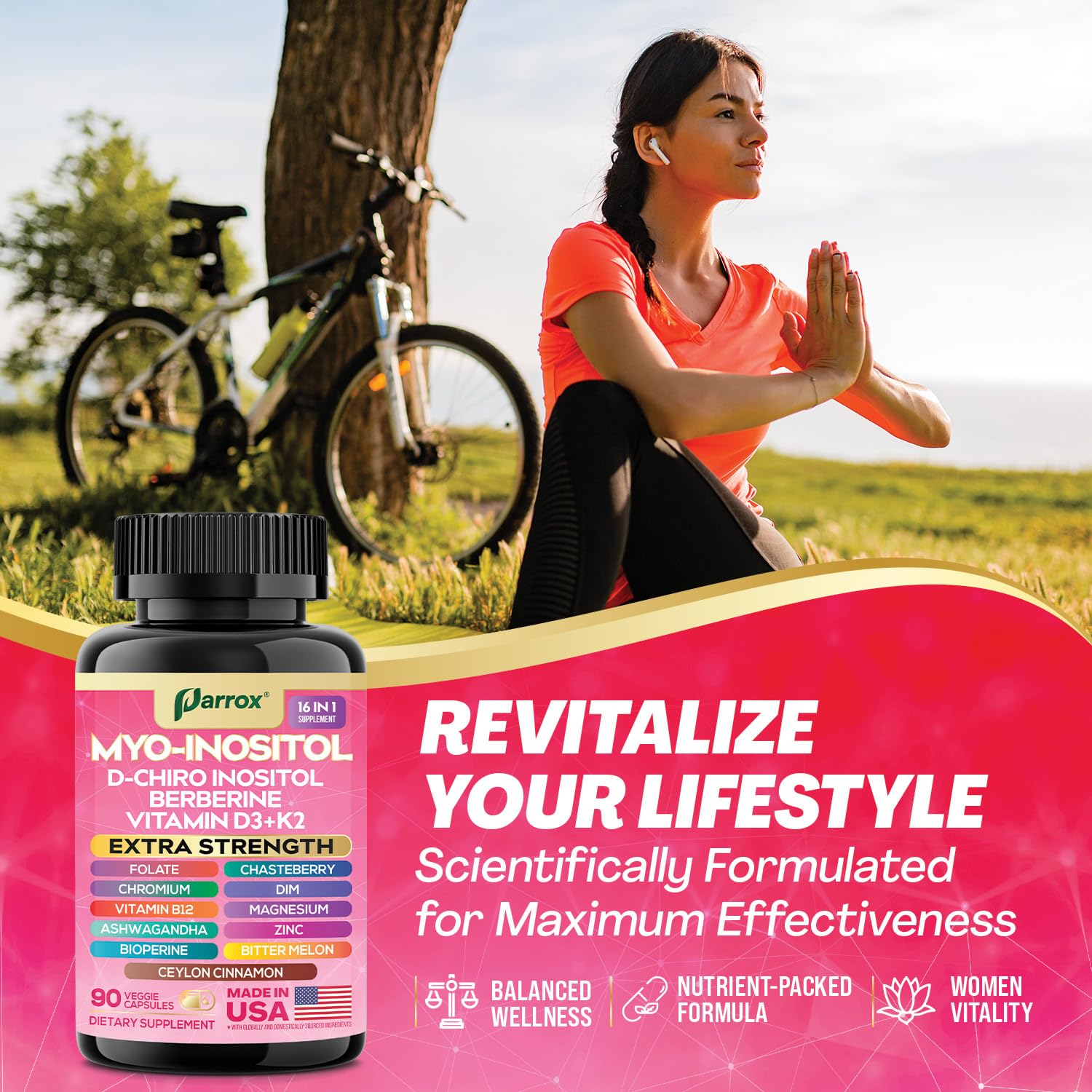 Parrox Myo Inositol Supplement displayed with fresh herbs