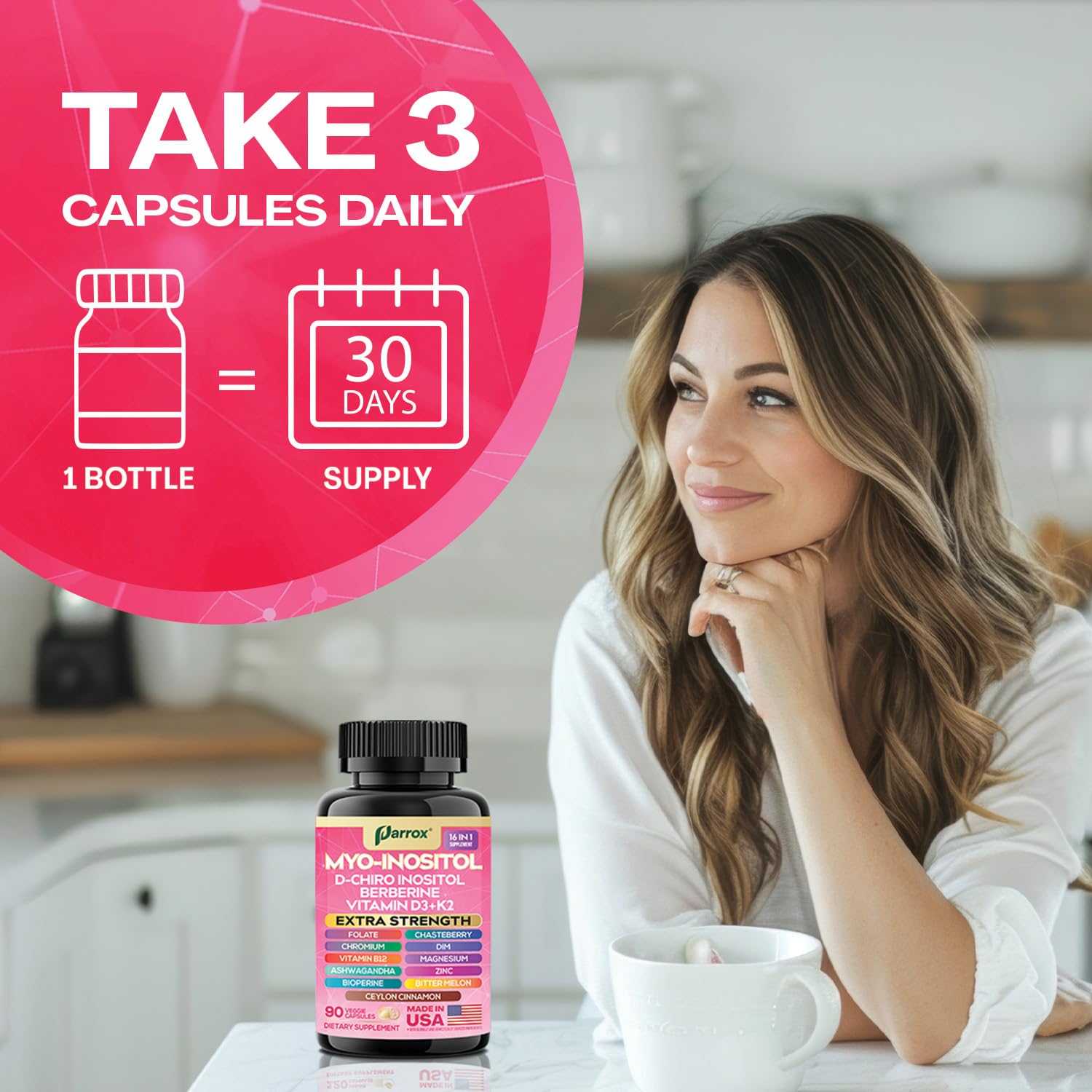 Parrox Myo-Inositol Supplement opened bottle with capsules spilled