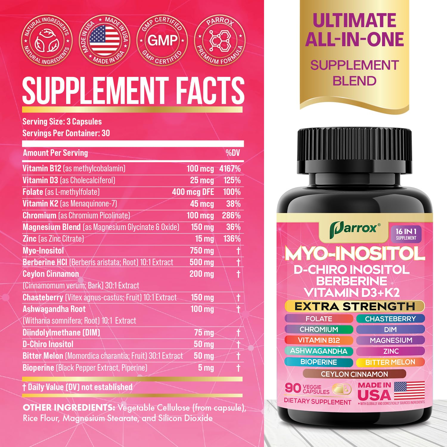 Parrox Myo Inositol Supplement side view showing capsule details