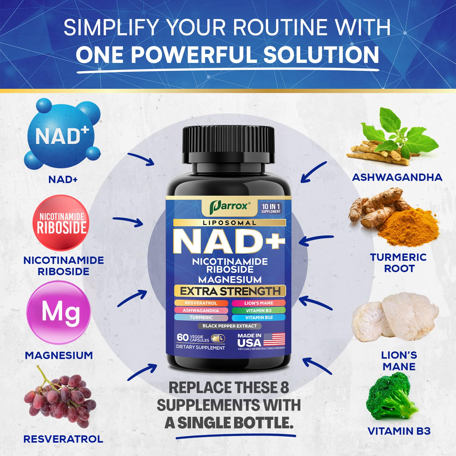 Parrox NAD+ Supplement Blend 10-in-1 capsules on a wooden table