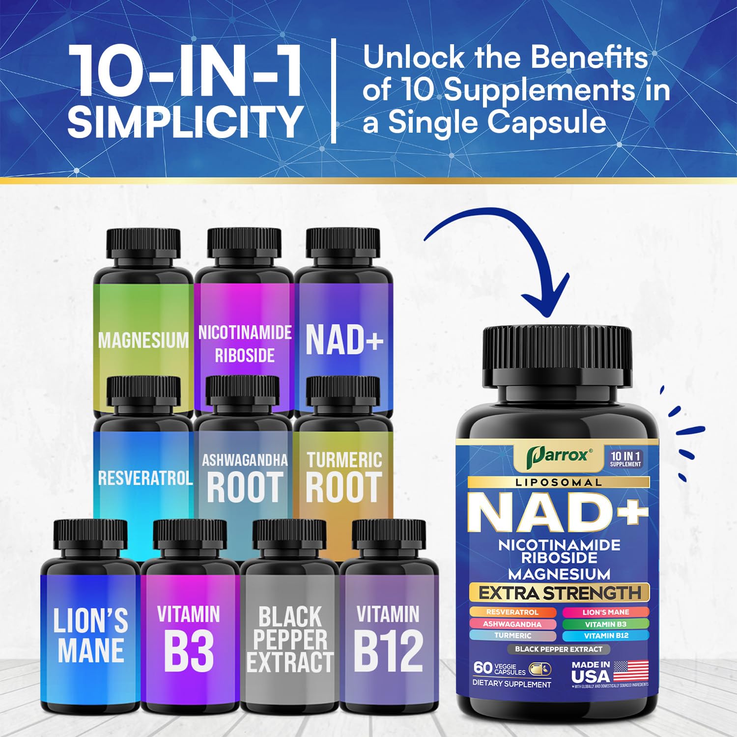 Parrox NAD+ Supplement Blend 10-in-1 close-up of capsules