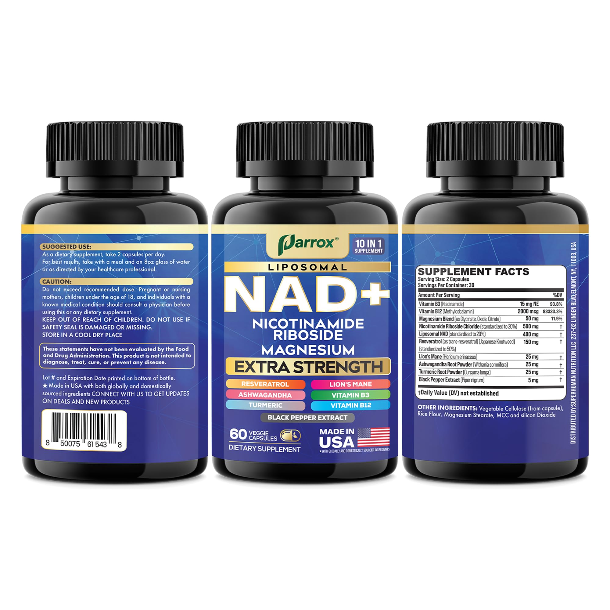 Parrox NAD+ Supplement Blend 10-in-1 lifestyle shot on a kitchen counter