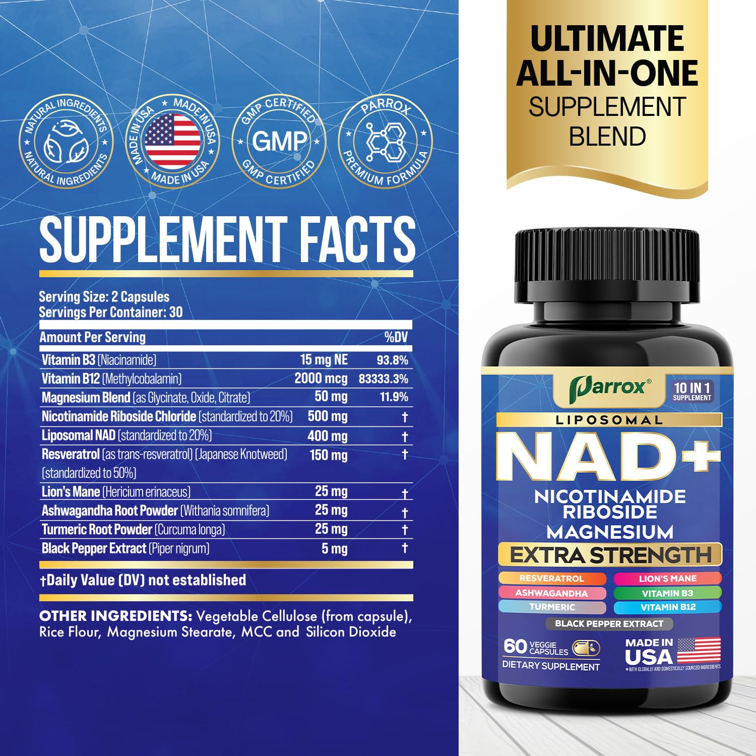 Parrox NAD+ Supplement Blend 10-in-1 side view with ingredient list