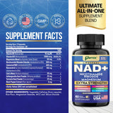 Parrox NAD+ Supplement Blend 10-in-1 side view with ingredient list