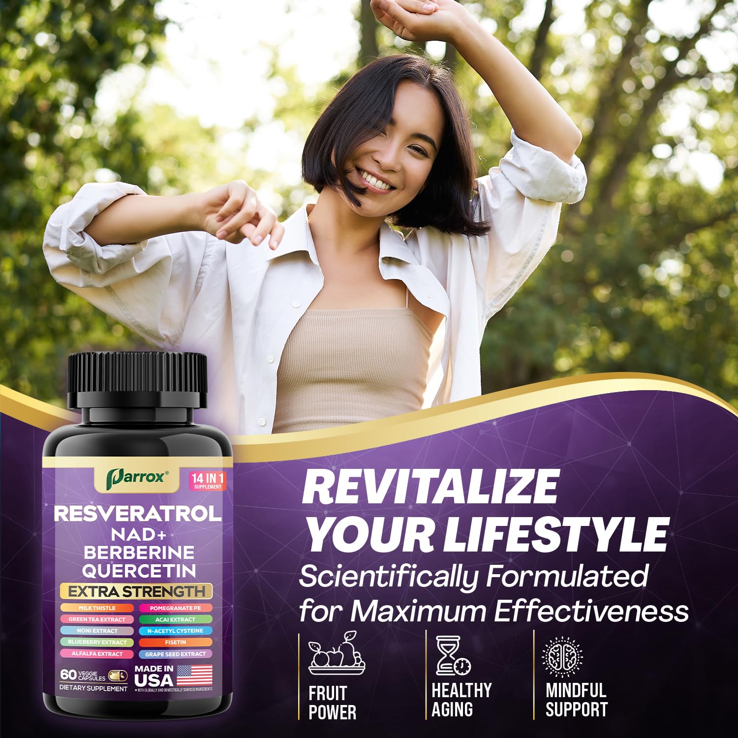 Parrox Resveratrol Supplement 14-in-1 Formula bottle with a measuring spoon