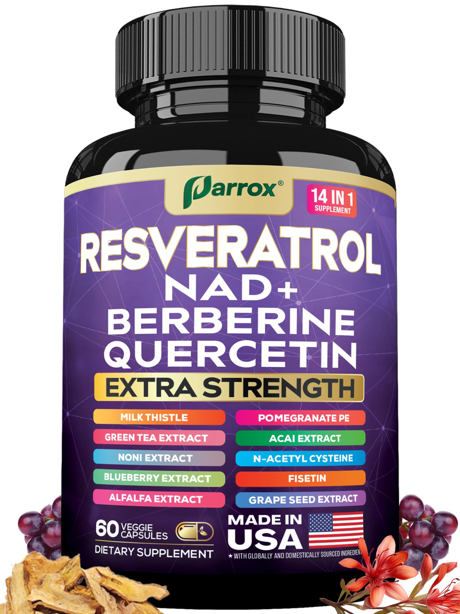 Parrox Resveratrol Supplement 14-in-1 Formula front view of packaging