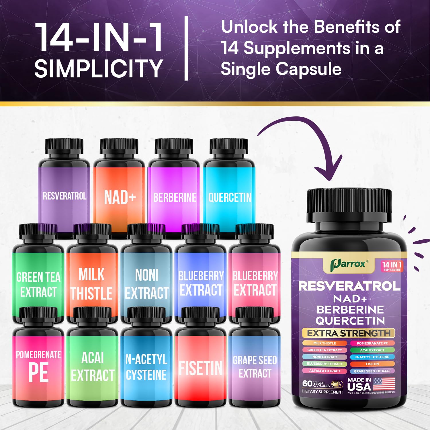 Parrox Resveratrol Supplement 14-in-1 Formula ingredients list close-up