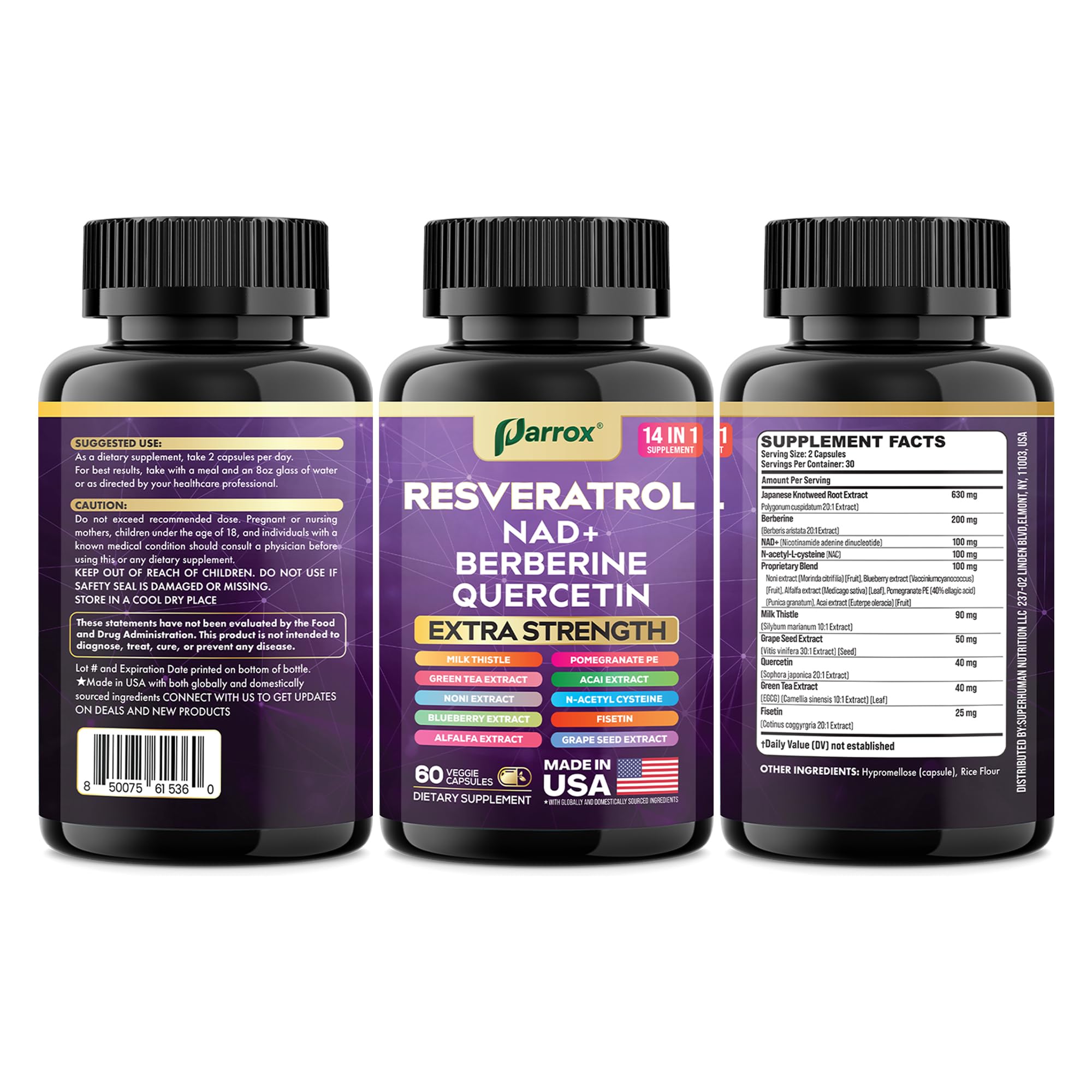 Parrox Resveratrol Supplement 14-in-1 Formula lifestyle shot with healthy foods