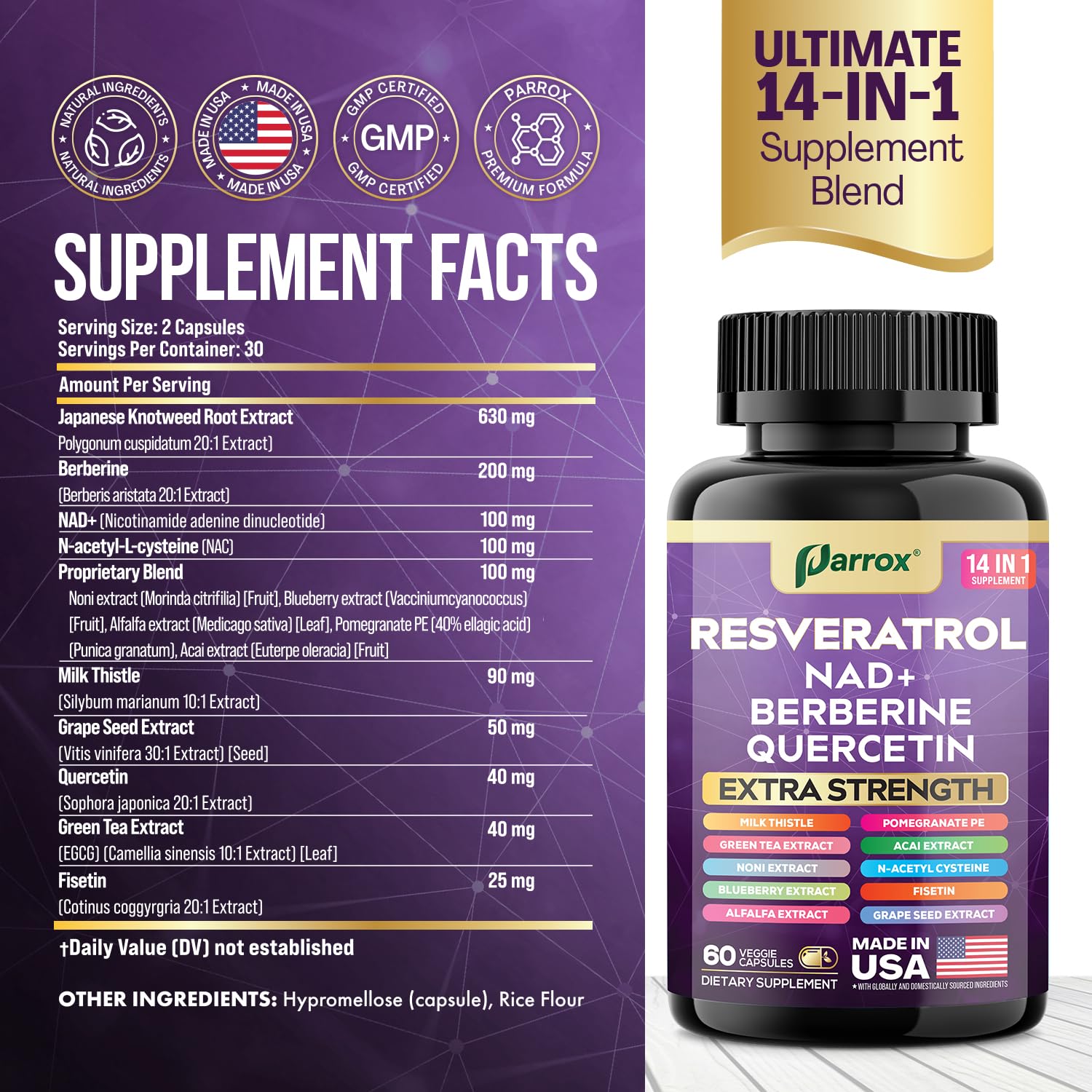 Parrox Resveratrol Supplement 14-in-1 Formula side view of bottle