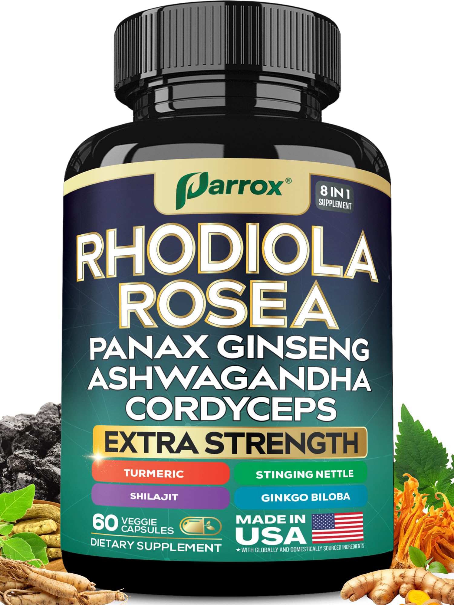 Parrox Rhodiola Rosea 8-in-1 supplement capsule front view