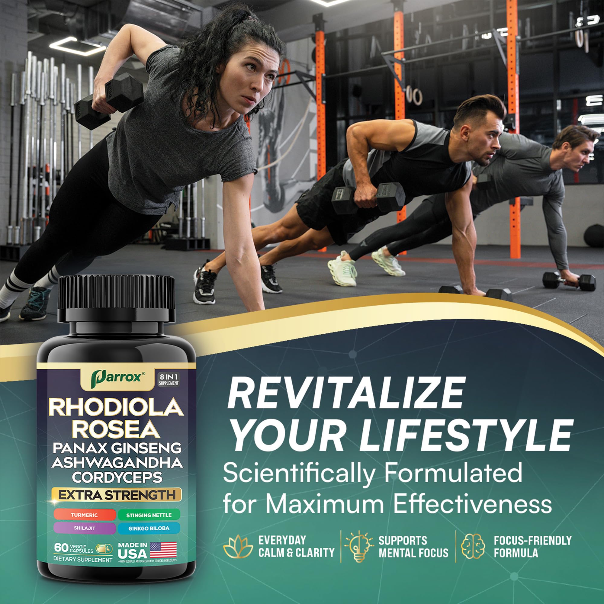 Parrox Rhodiola Rosea 8-in-1 supplement capsules in a hand