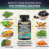 Parrox Rhodiola Rosea 8-in-1 supplement capsules on a wooden table