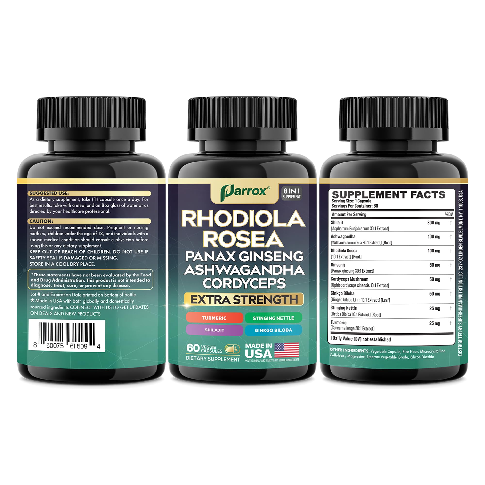 Parrox Rhodiola Rosea 8-in-1 supplement capsules with a notepad