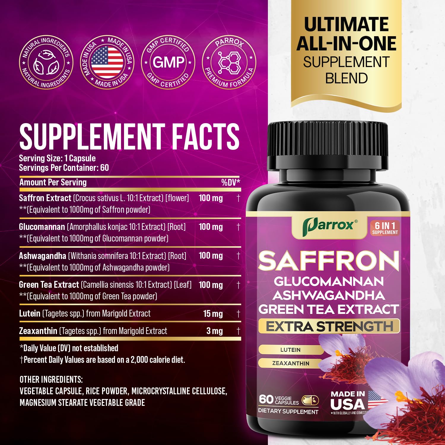 Parrox Saffron Supplements 6-in-1 Formula bottle side view