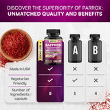 Parrox Saffron Supplements 6-in-1 Formula bottle with a measuring spoon