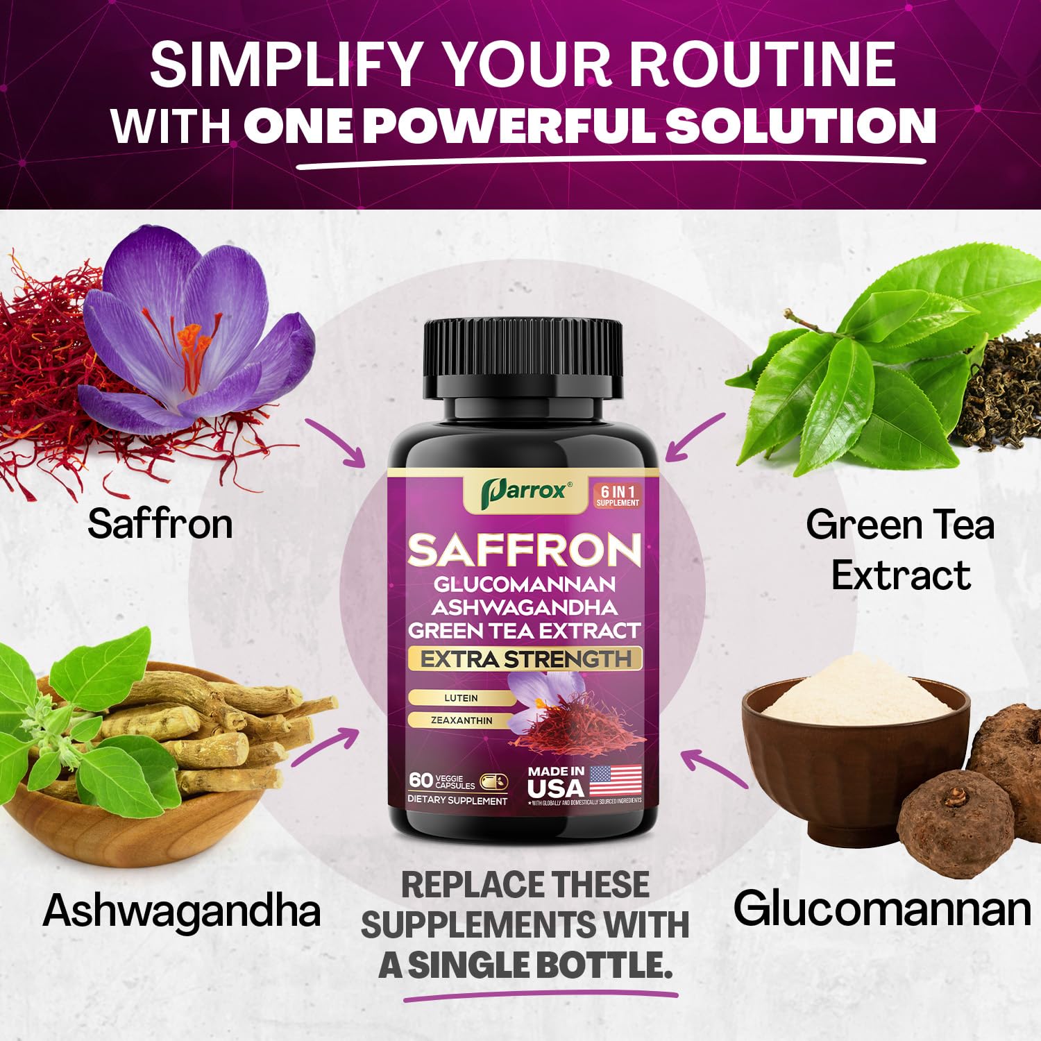 Parrox Saffron Supplements 6-in-1 Formula bottle with capsules spilled out