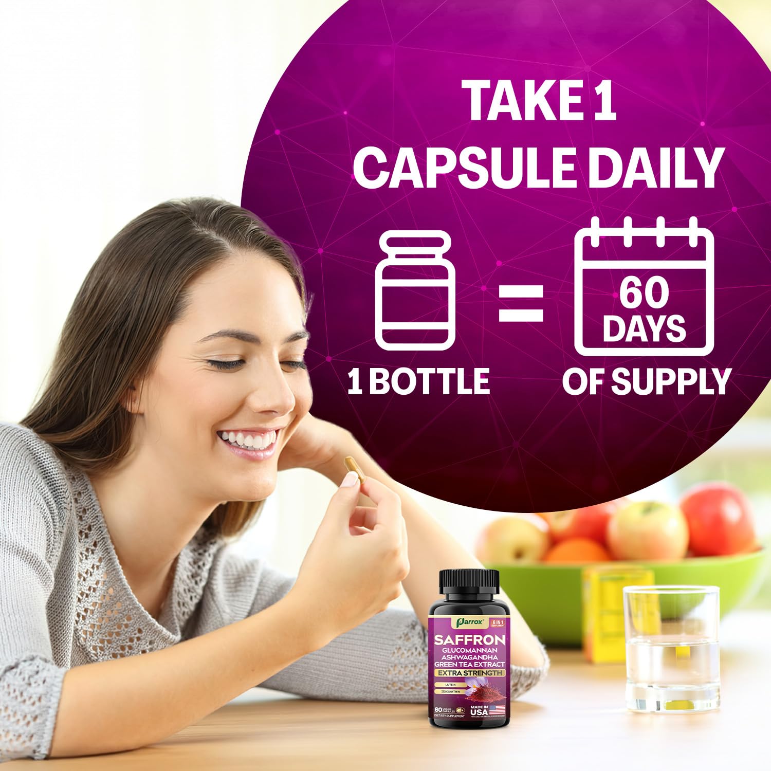 Parrox Saffron Supplements 6-in-1 Formula capsules on a wooden surface