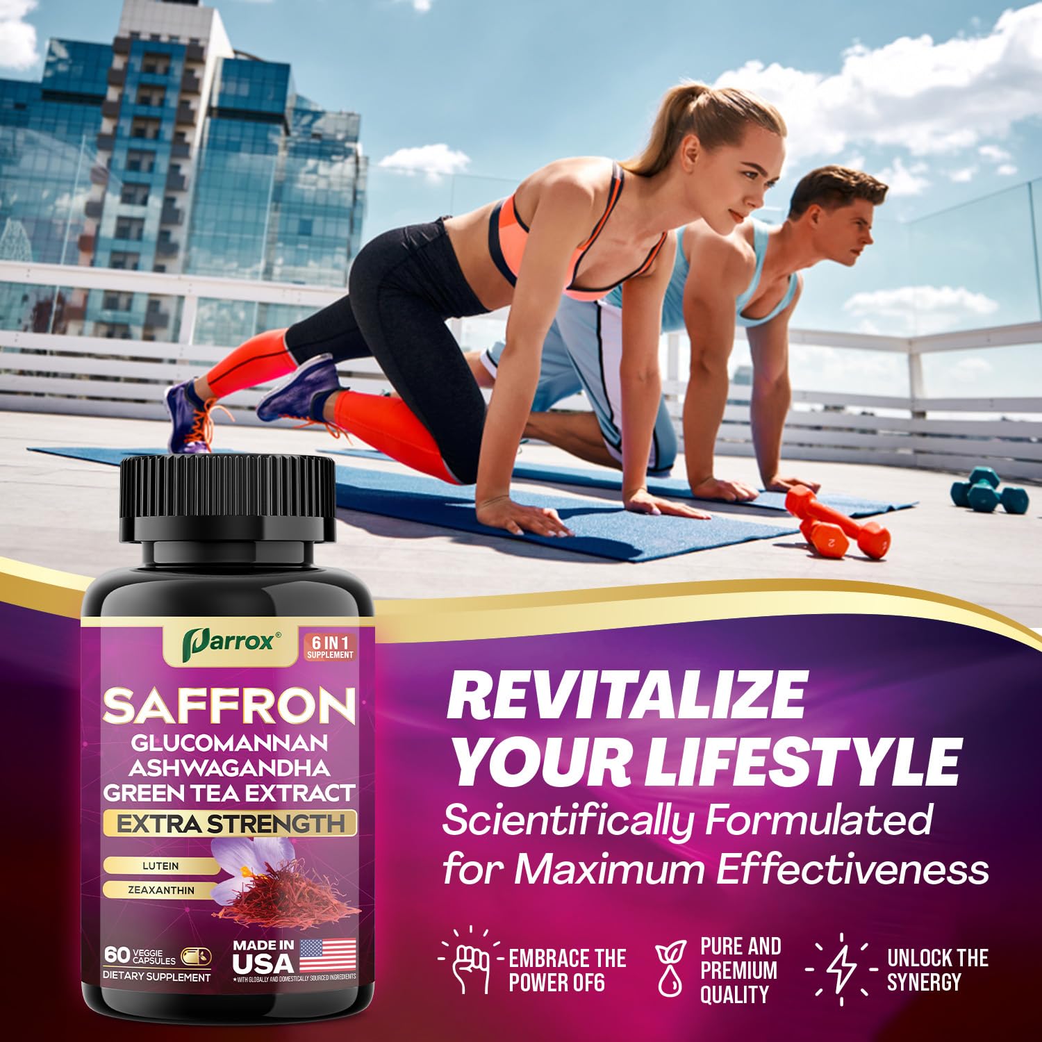 Parrox Saffron Supplements 6-in-1 Formula close-up of capsules