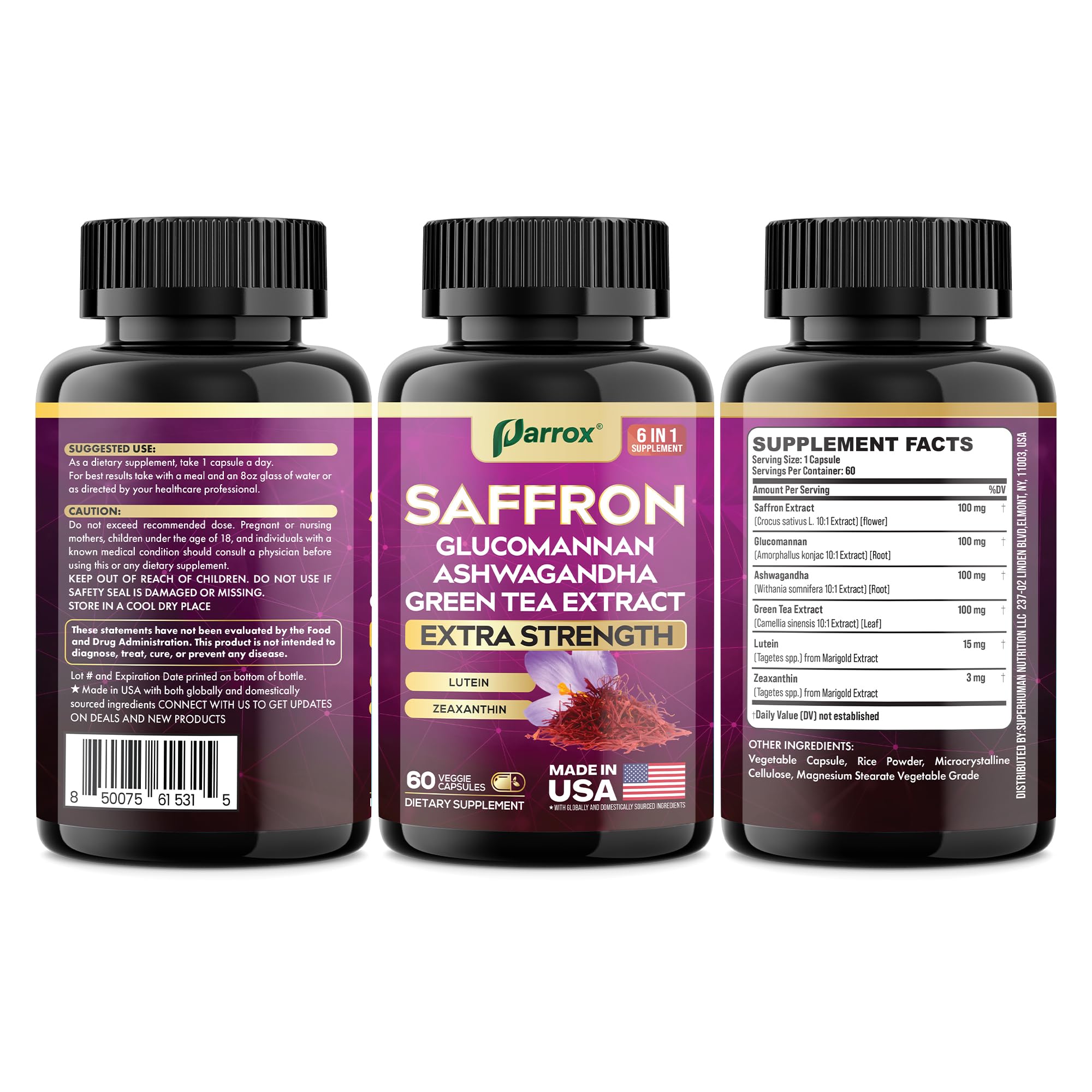 Parrox Saffron Supplements 6-in-1 Formula packaging details