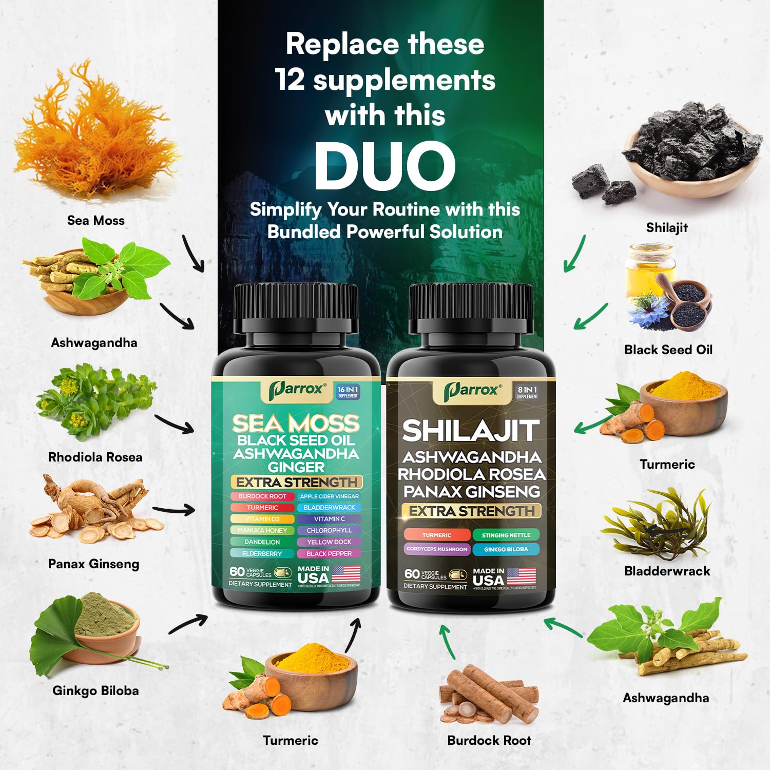 Parrox Sea Moss bottle displaying 60 capsules
