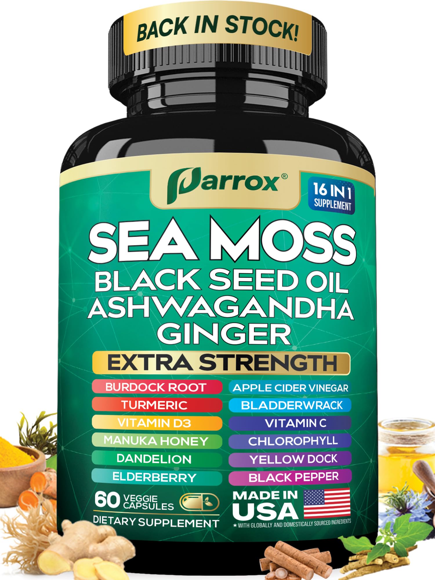 Parrox Sea Moss Capsules 16-in-1 front view with packaging