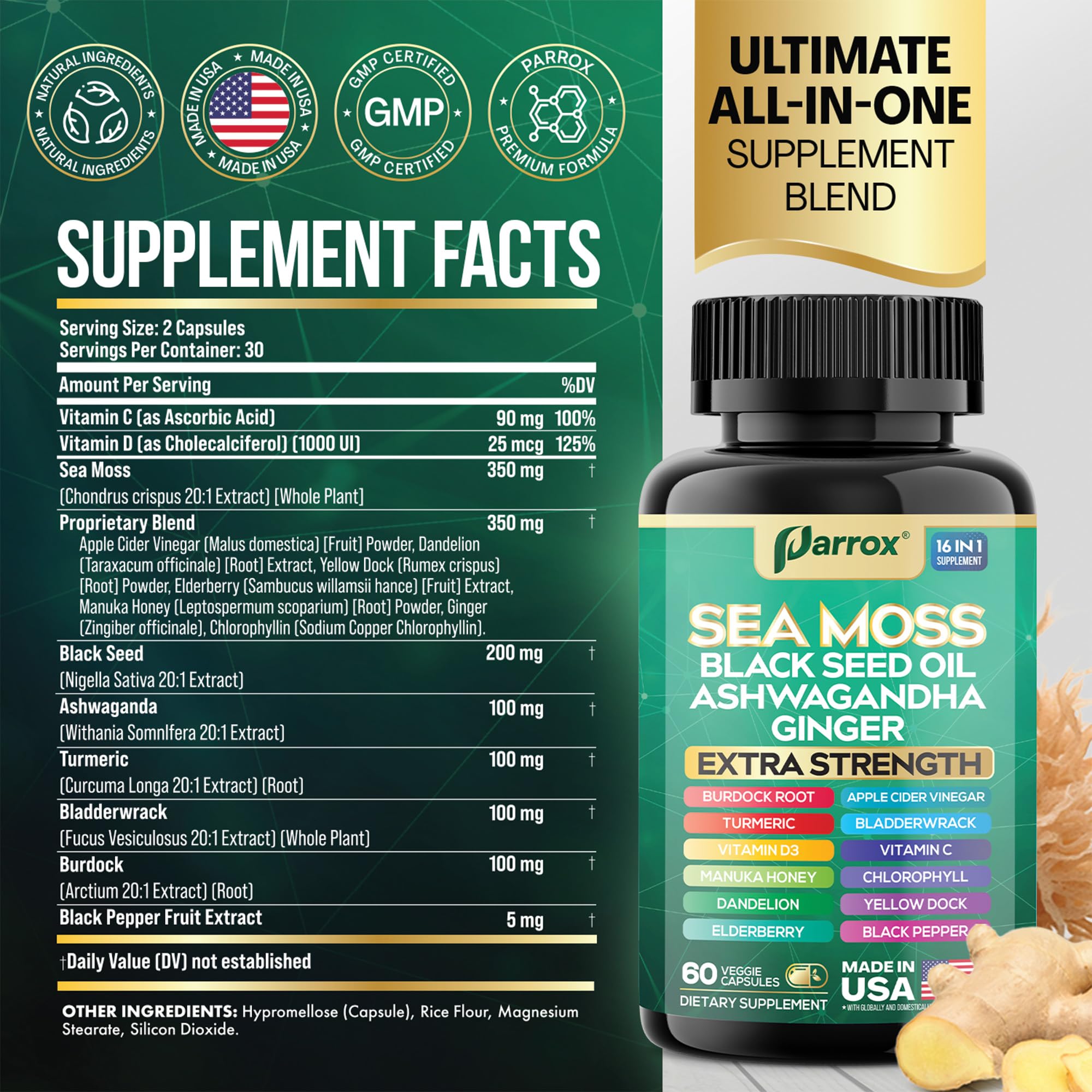 Parrox Sea Moss Capsules 16-in-1 side view showing ingredients list
