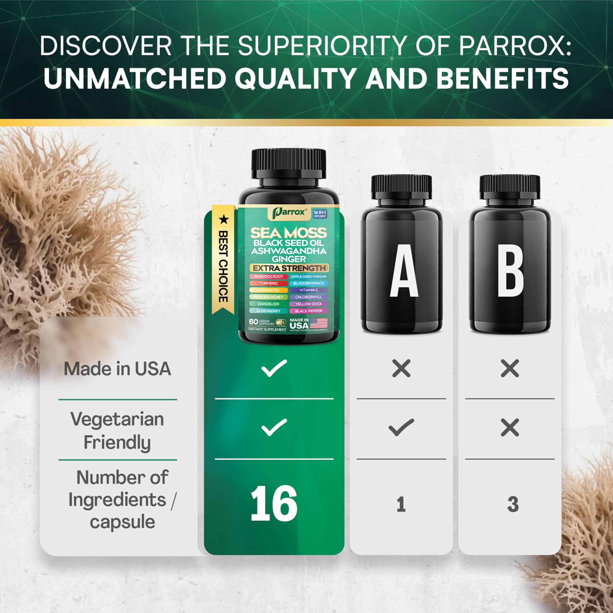 Parrox Sea Moss Capsules 16-in-1 with Black Seed Oil and Turmeric
