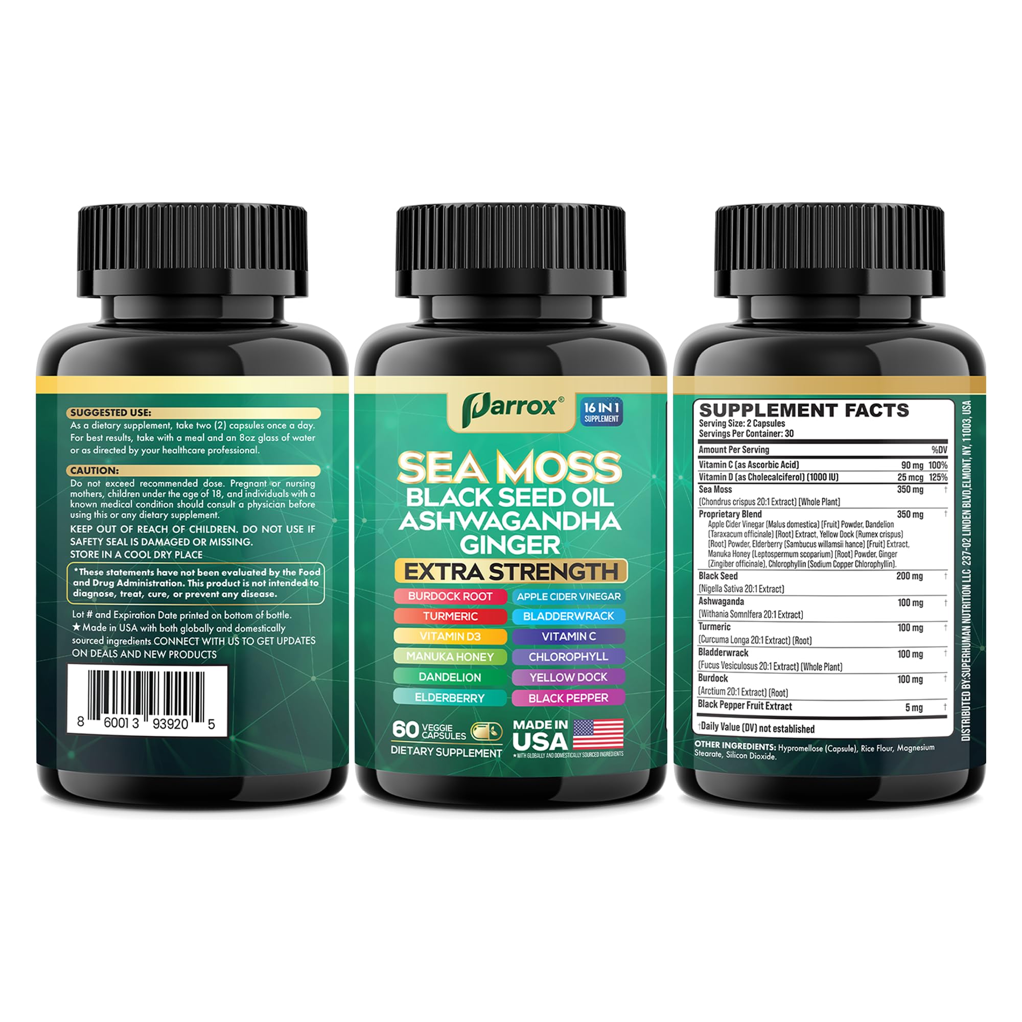 Parrox Sea Moss Capsules 16-in-1 with clean label ingredients