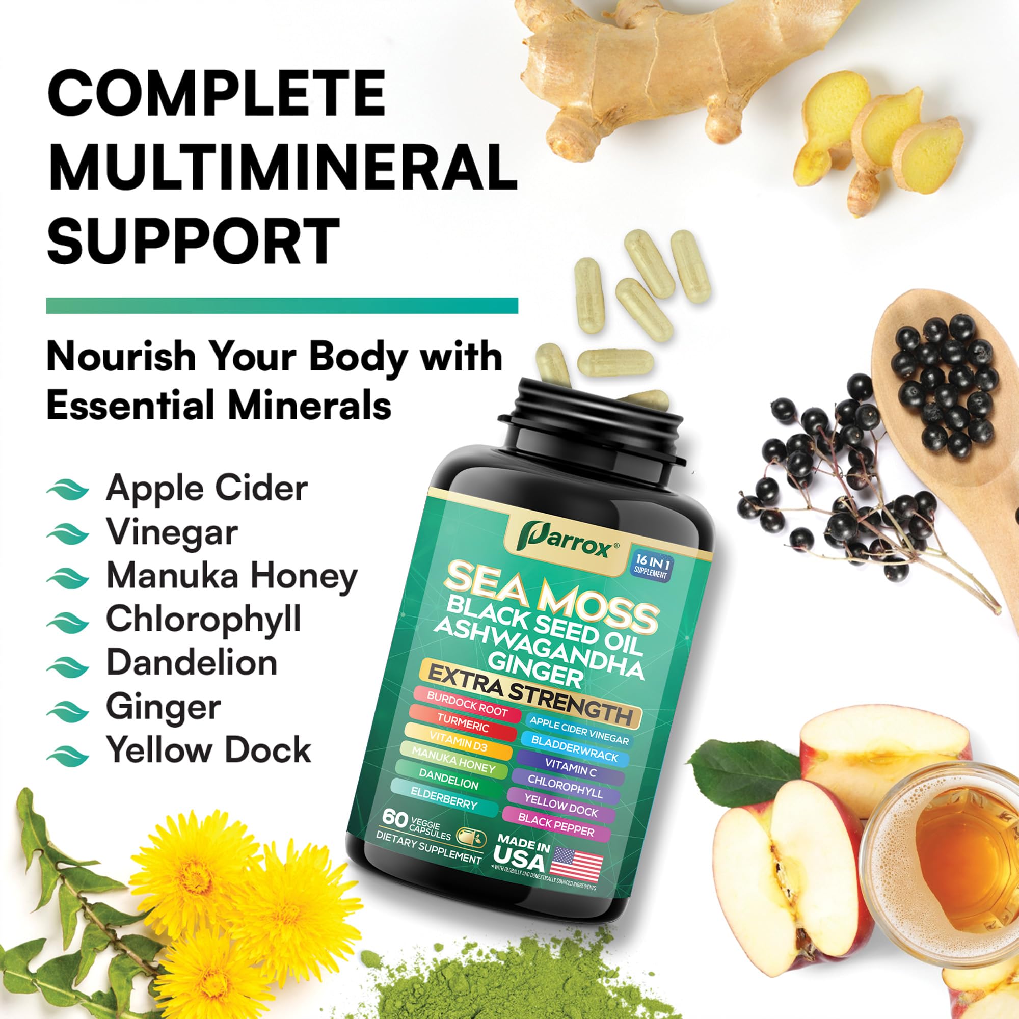 Parrox Sea Moss Capsules in a lifestyle setting with greenery