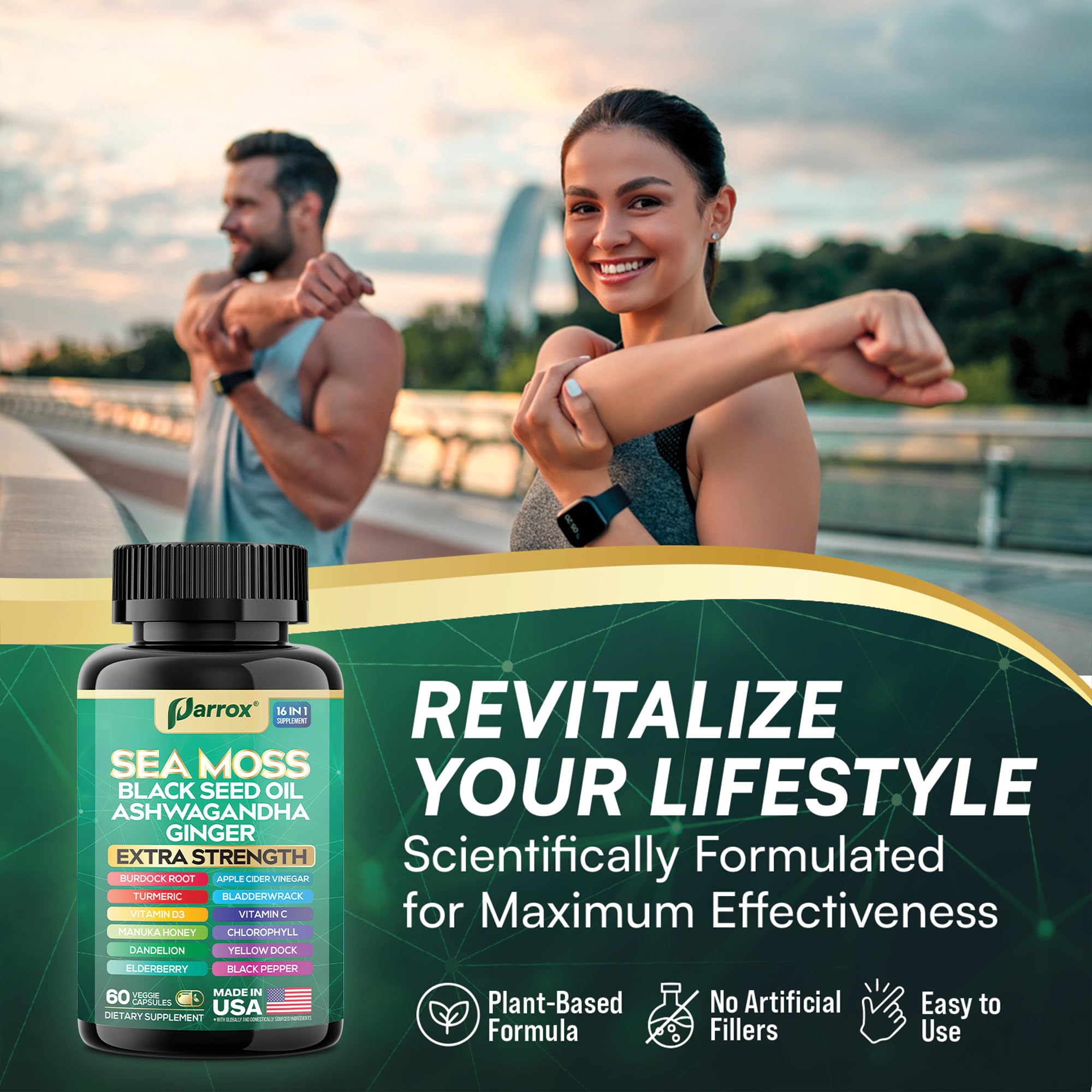 Parrox Sea Moss Capsules with a measuring spoon for dosage