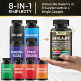 Parrox Shilajit 8-in-1 Supplement Capsules displayed on a wooden table
