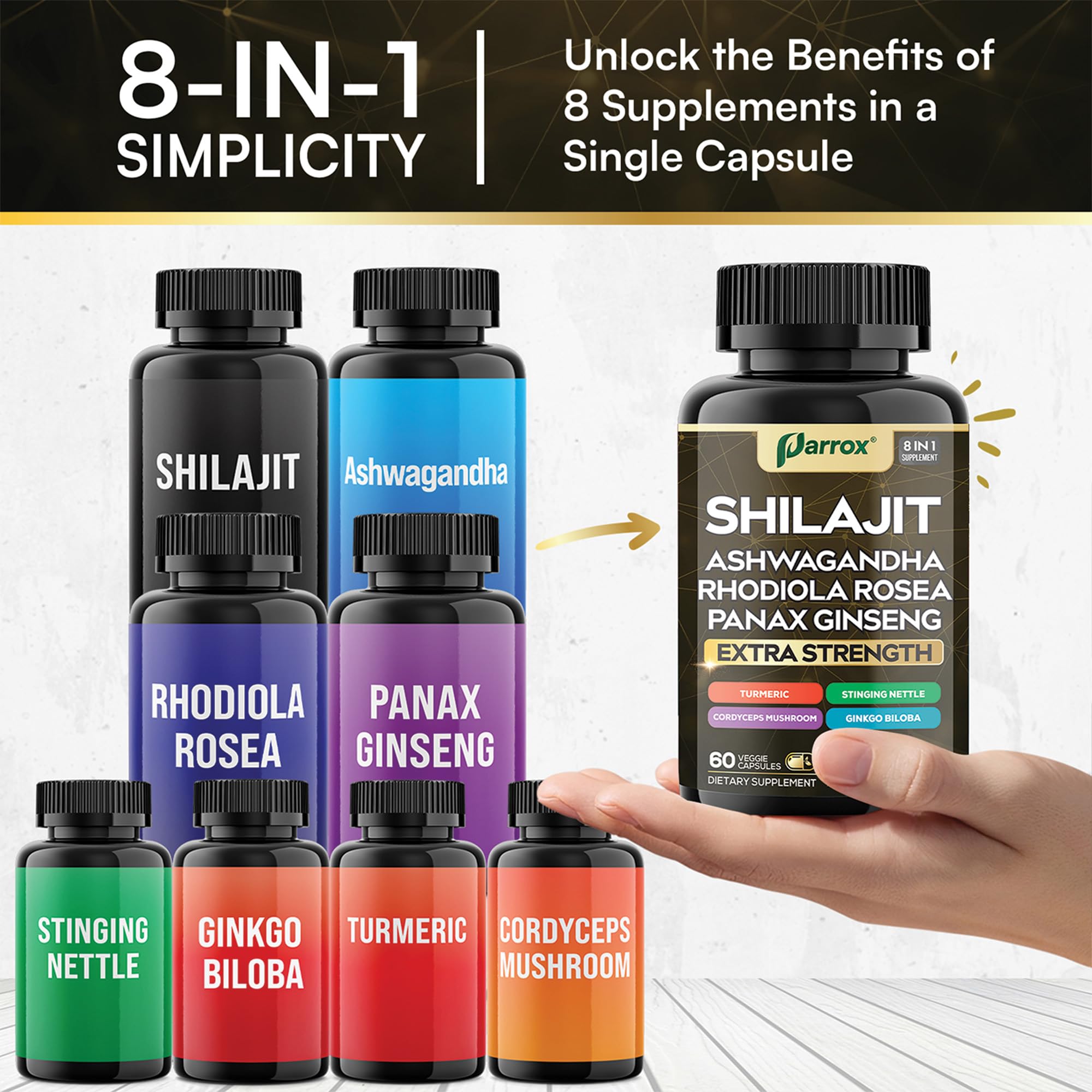 Parrox Shilajit 8-in-1 Supplement Capsules in hand